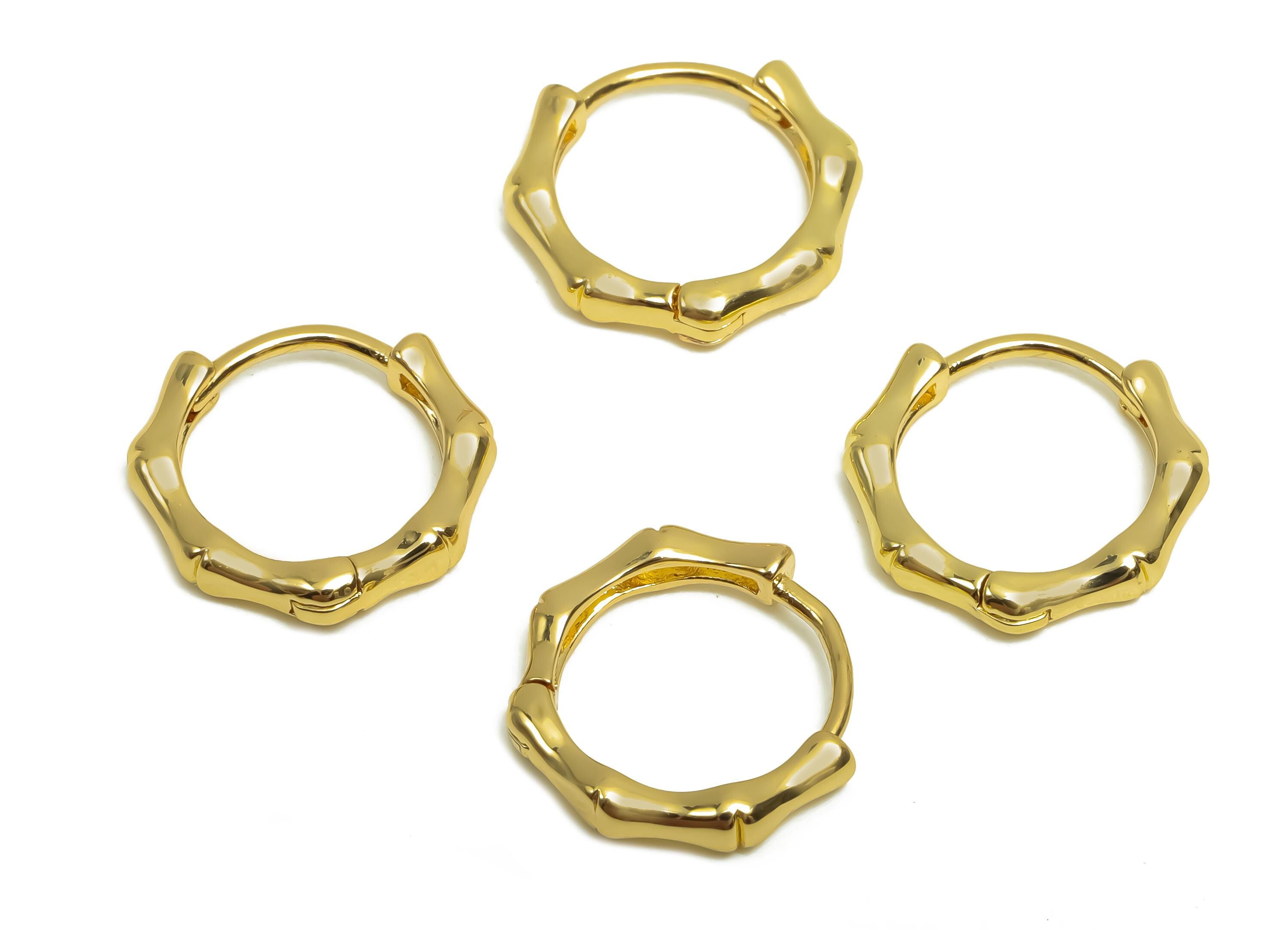 Brass Hoop Earring - Brass Bamboo Huggie Hoop Earring - Brass Round Hoop Earring Clasp - 18K Real Gold Plating - 13.9x13.02x2.5mm - RGP8366 - DOMEDBAZAAR