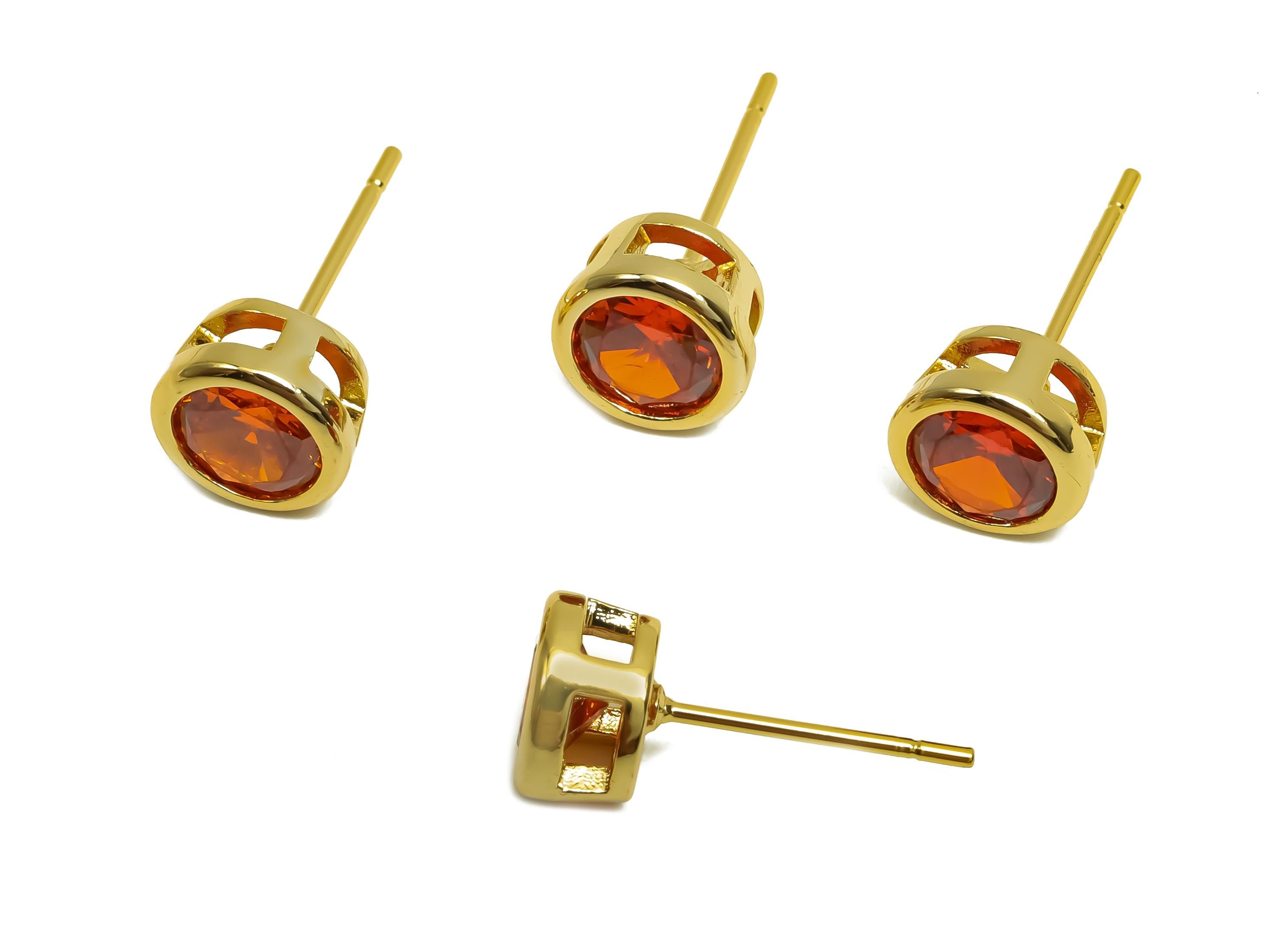 Brass CZ Earring Post - Brass Orange Red Earring Stud - Brass Cubic Zircon Earring Post  - 18K Real Gold Plating - 16x7x5.5mm - RGP8395H - DOMEDBAZAAR