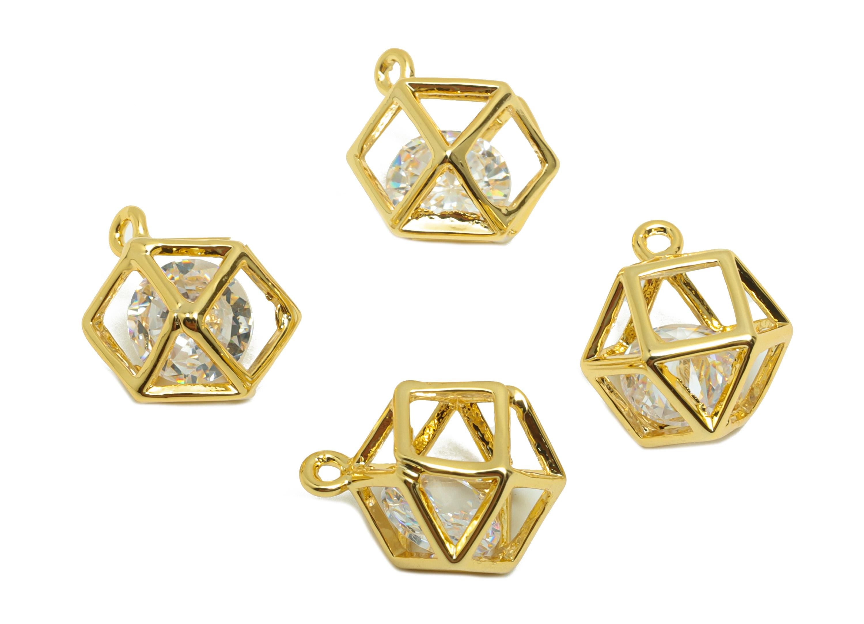 Brass Diamond Earring Charm - Gold Hollow Ball Charm for Bracelet - Zircon Pendant with Loop - 18K Real Gold Plating - 13x11x8.5mm - RGP8816 - DOMEDBAZAAR