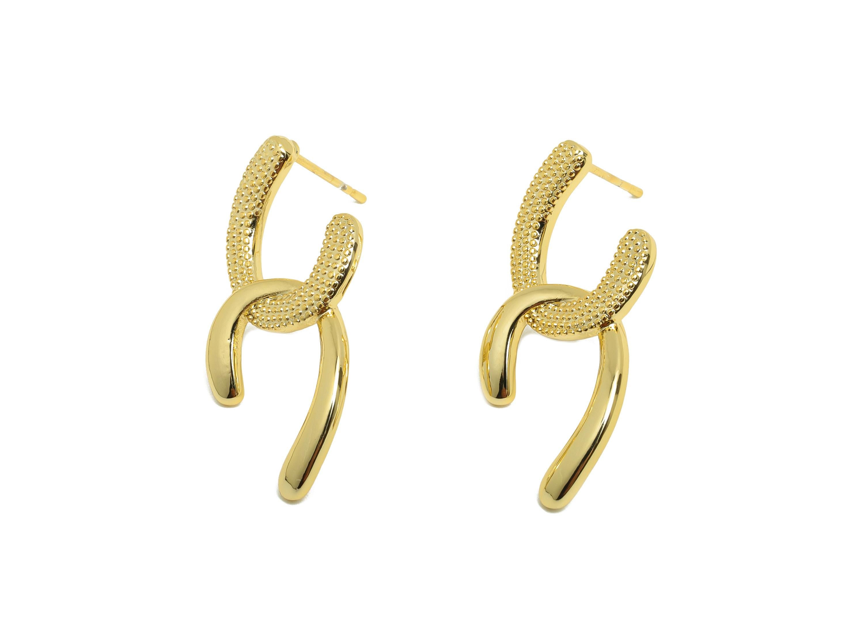 Brass Intertwined Earring - Gold Textured Earring Stud for Girl&#39;s - Minimalist Earring Post - 18K Real Gold Plating - 32x13x2.3mm - RGP8819 - DOMEDBAZAAR