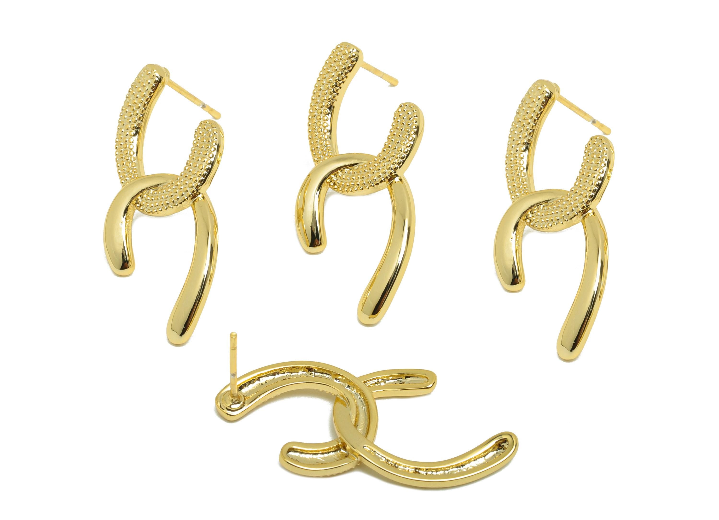 Brass Intertwined Earring - Gold Textured Earring Stud for Girl&#39;s - Minimalist Earring Post - 18K Real Gold Plating - 32x13x2.3mm - RGP8819 - DOMEDBAZAAR