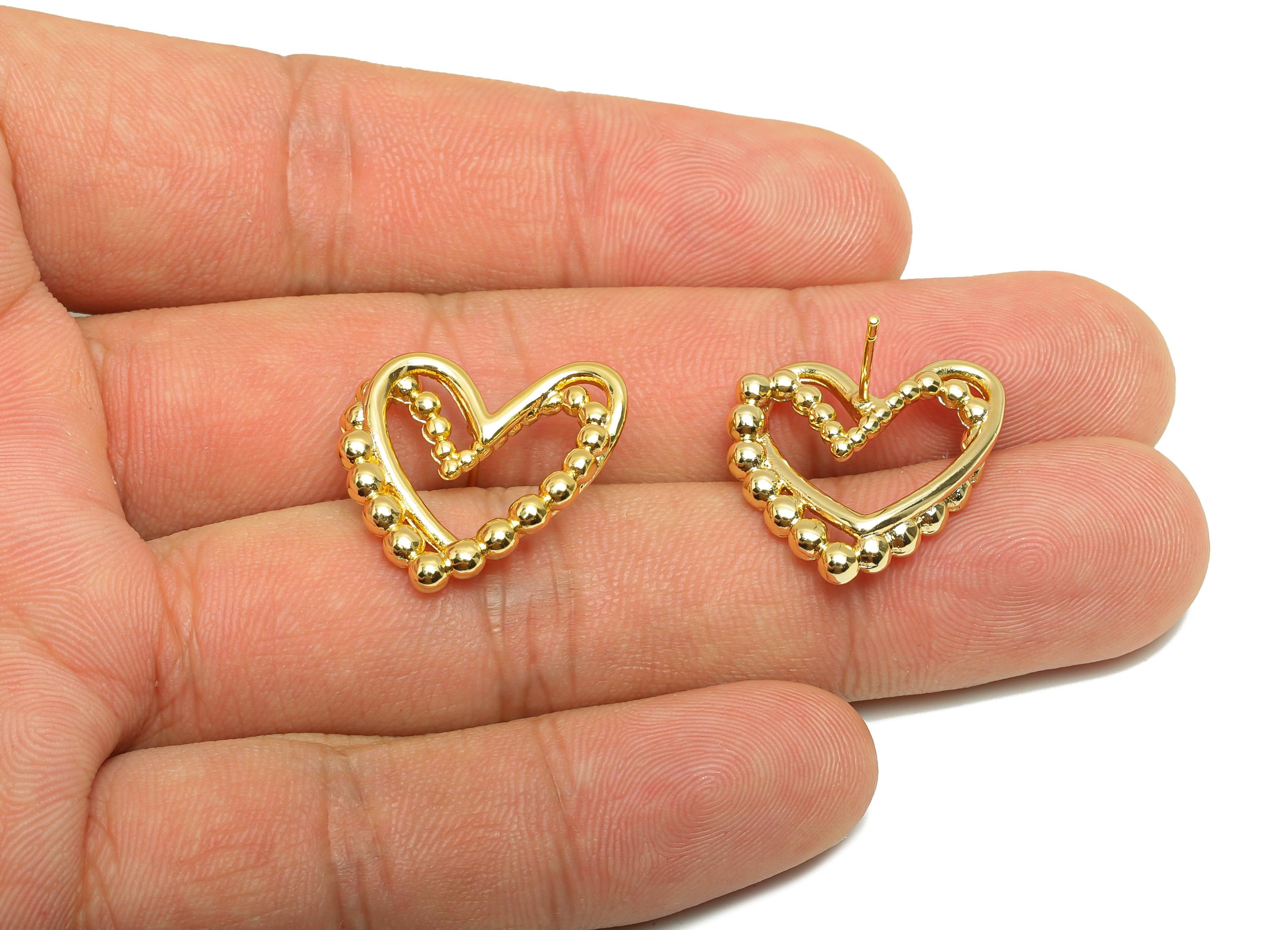 Brass Heart Earring - Gold Bead Heart Earring Stud for Girls - Valentine&#39;s Day Earring Post - 18K Real Gold Plating - 22.5x21x3.6mm- RGP8820 - DOMEDBAZAAR