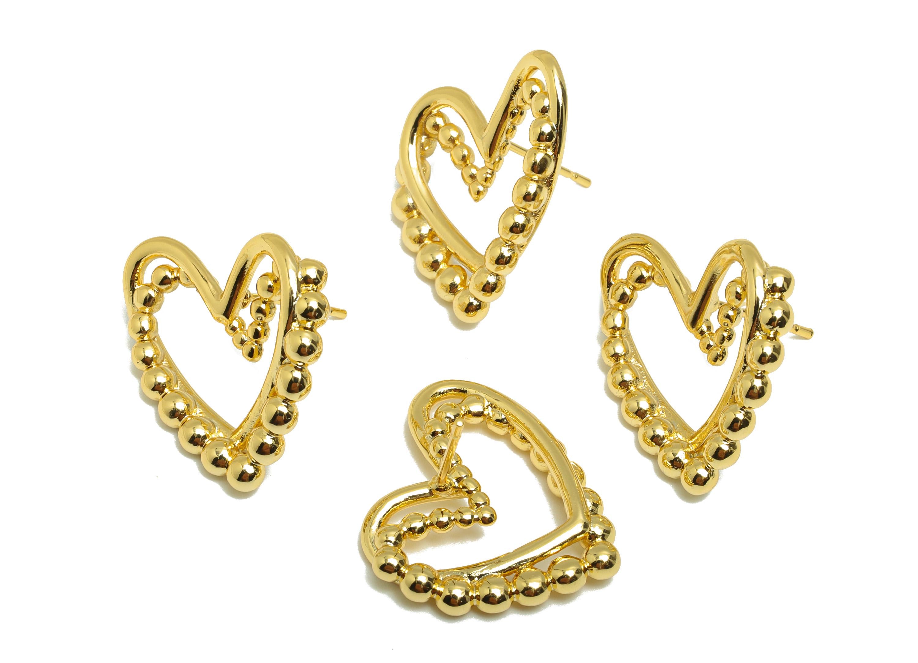 Brass Heart Earring - Gold Bead Heart Earring Stud for Girls - Valentine&#39;s Day Earring Post - 18K Real Gold Plating - 22.5x21x3.6mm- RGP8820 - DOMEDBAZAAR