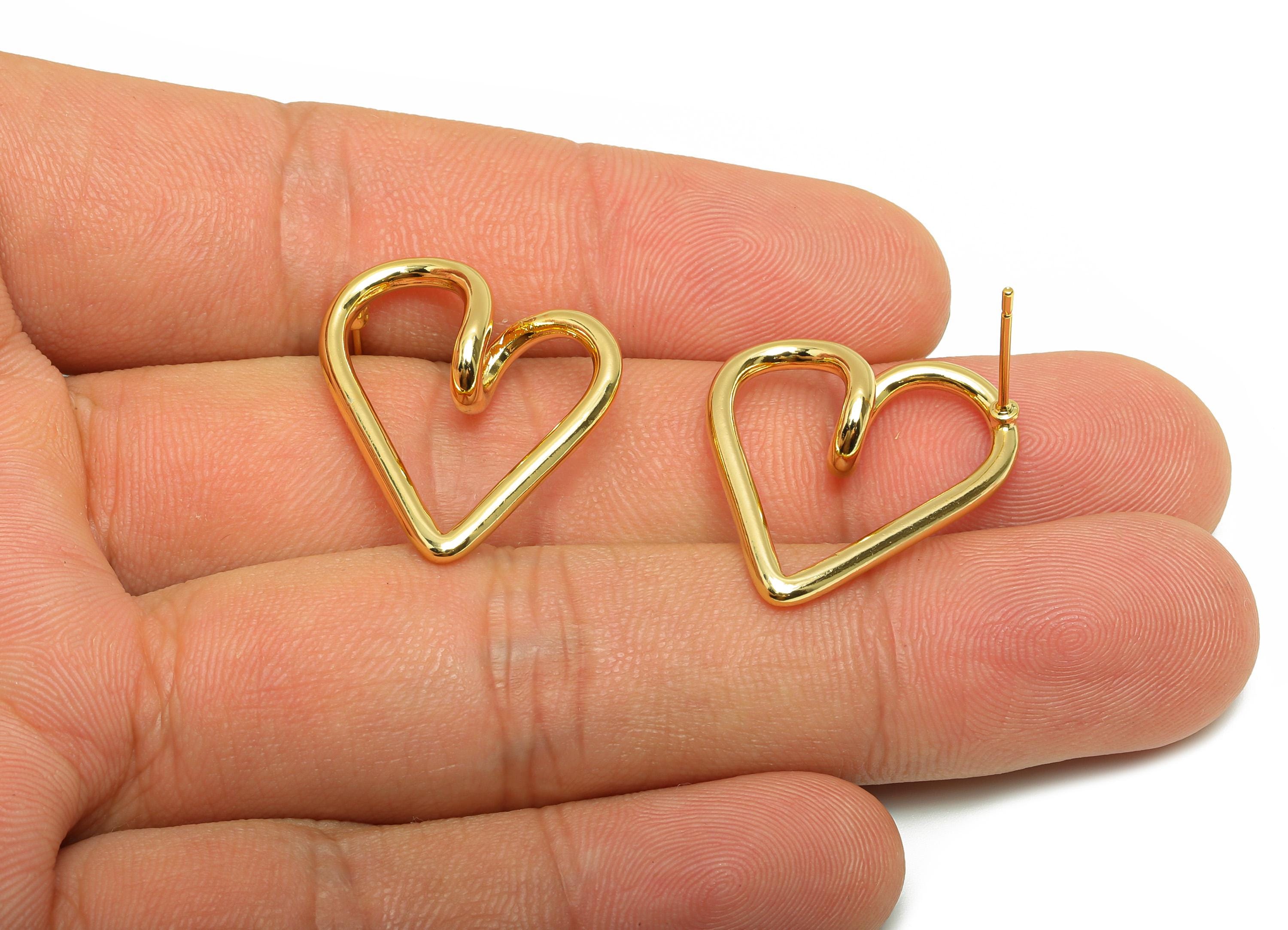 Brass Heart Earring - Gold Wire Heart Earring Stud for Girls - Valentine&#39;s Day Earring Post - 18K Real Gold Plating - 25x22x7.3mm - RGP8821 - DOMEDBAZAAR