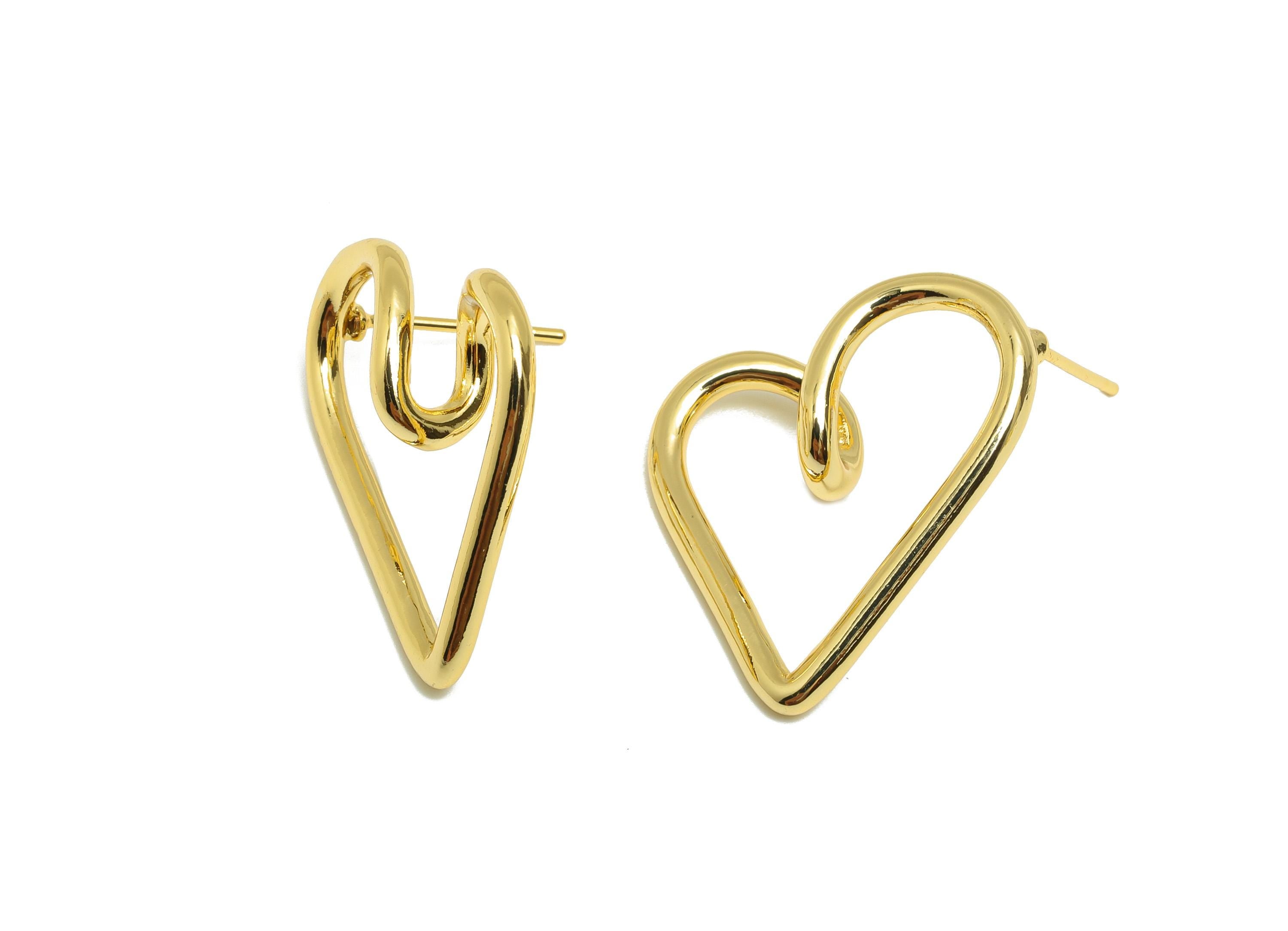 Brass Heart Earring - Gold Wire Heart Earring Stud for Girls - Valentine&#39;s Day Earring Post - 18K Real Gold Plating - 25x22x7.3mm - RGP8821 - DOMEDBAZAAR