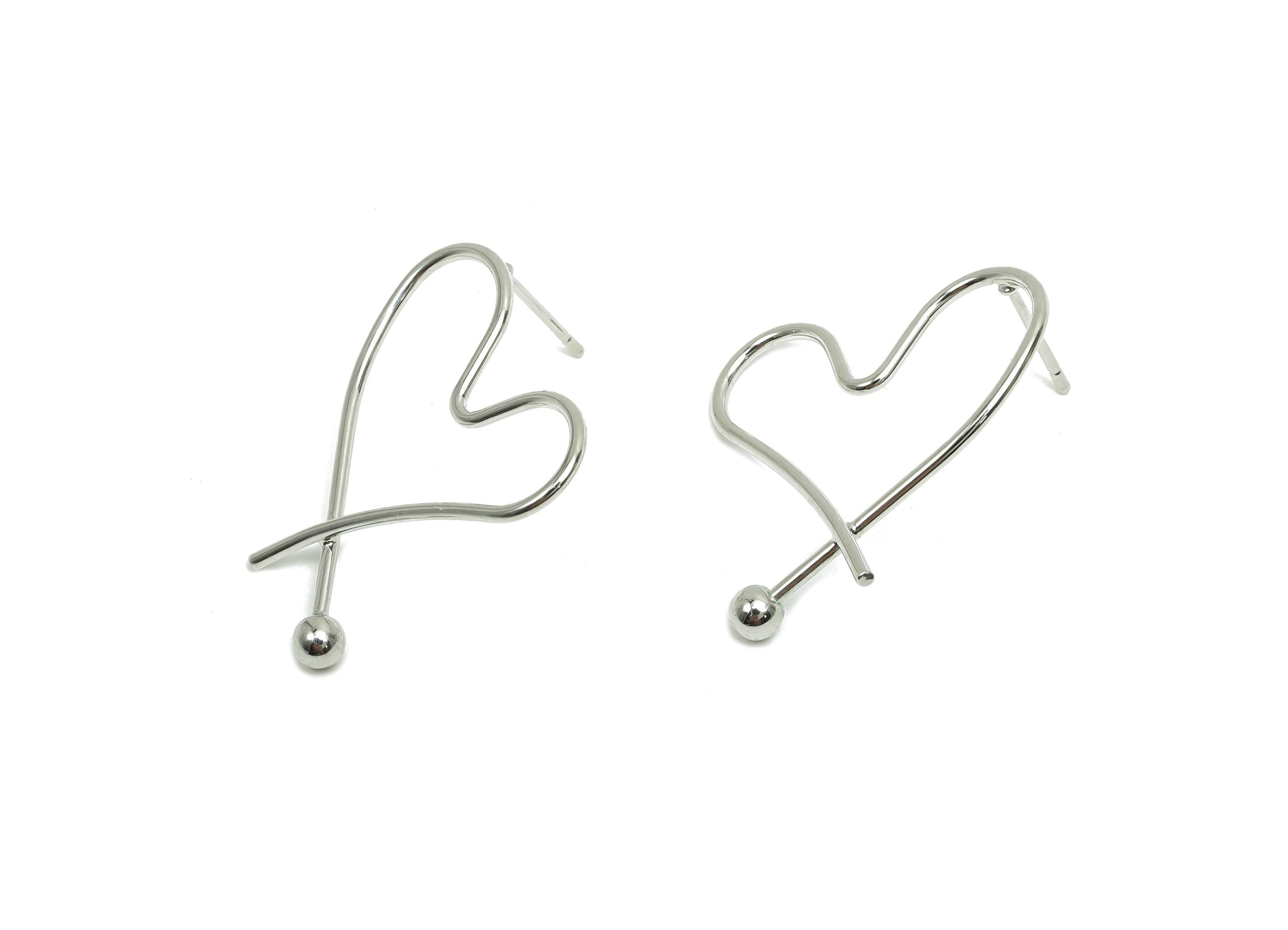 Brass Heart Earring Stud - Brass Heart Wire Earring Post - Brass Heart Ball Earring Post - 18K Real White Gold Plating - 33x28x1mm - RGP8092 - DOMEDBAZAAR