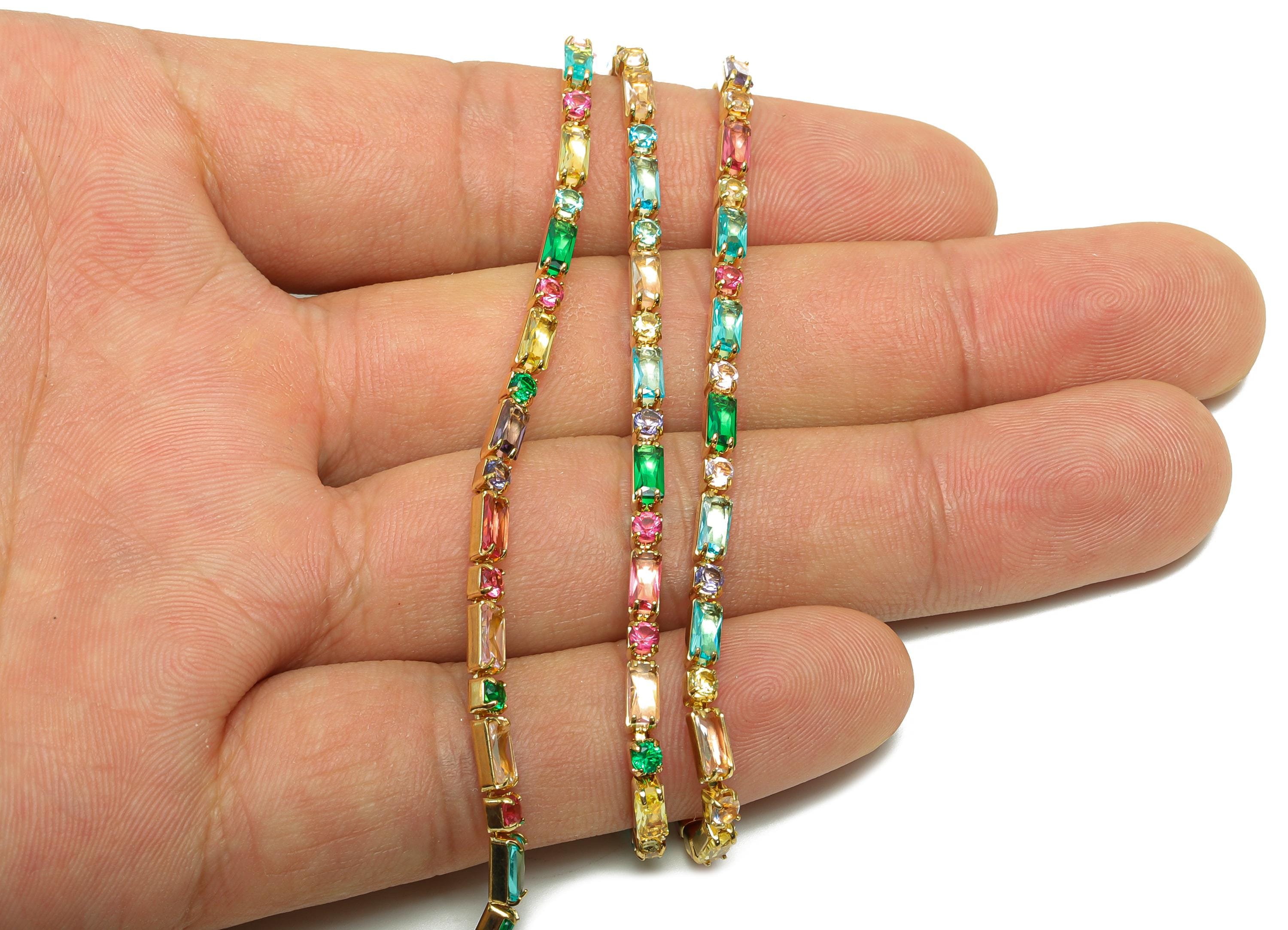 2.5*5+2.5mm Zircon Brass Chain - Raw Brass Rectangular Mix Color Cubic Zircon Bracelet Chain - 18K Real Gold Plating   - 21x21x1mm -RGP6912R - DOMEDBAZAAR