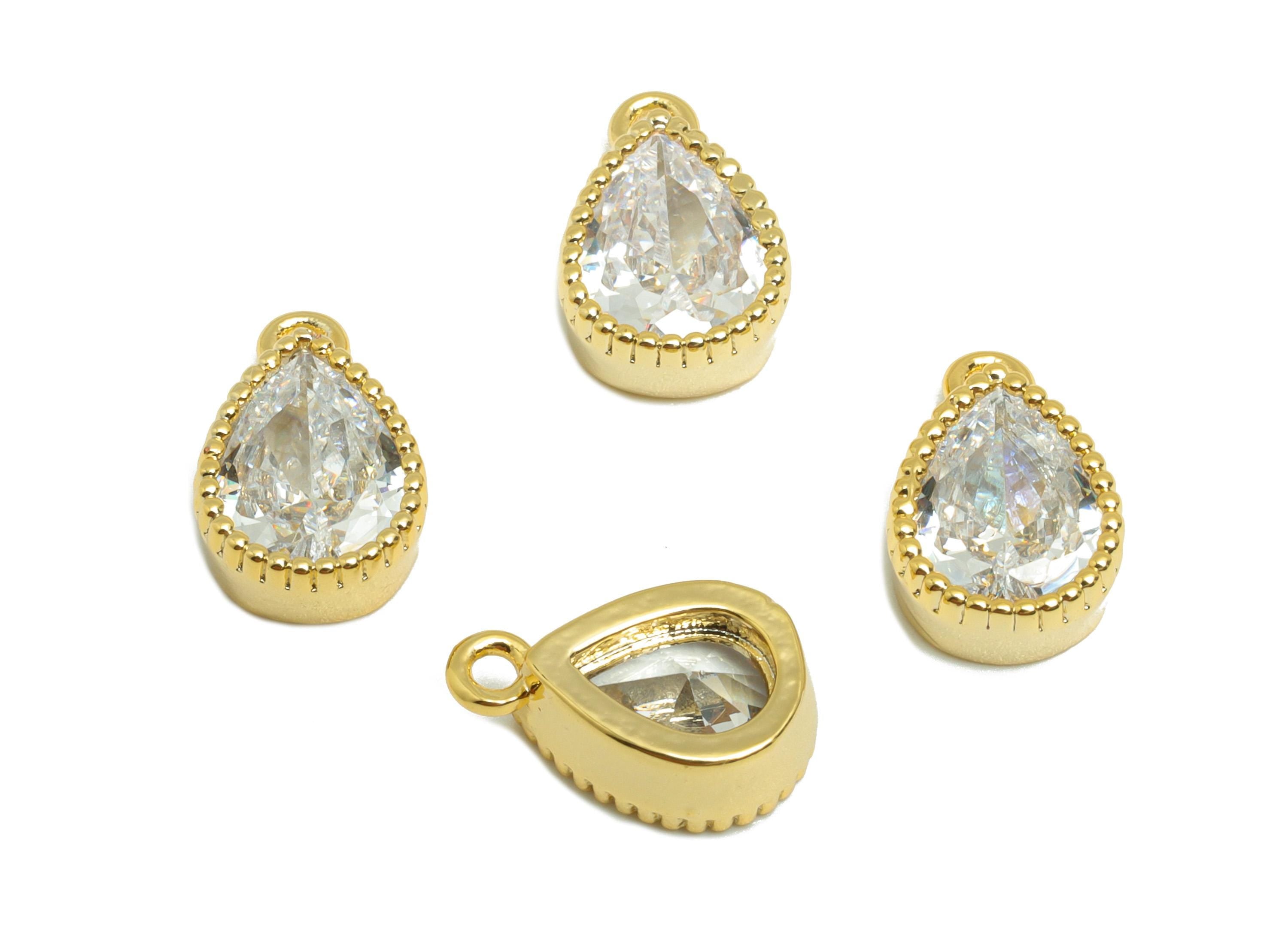 Brass Teardrop Zircon Charm - Gold Drop Earring Charm for Bracelet - Mini Teardrop Pendant - 18K Real Gold Plating - 11.2x7.4x3.9mm- RGP8829 - DOMEDBAZAAR