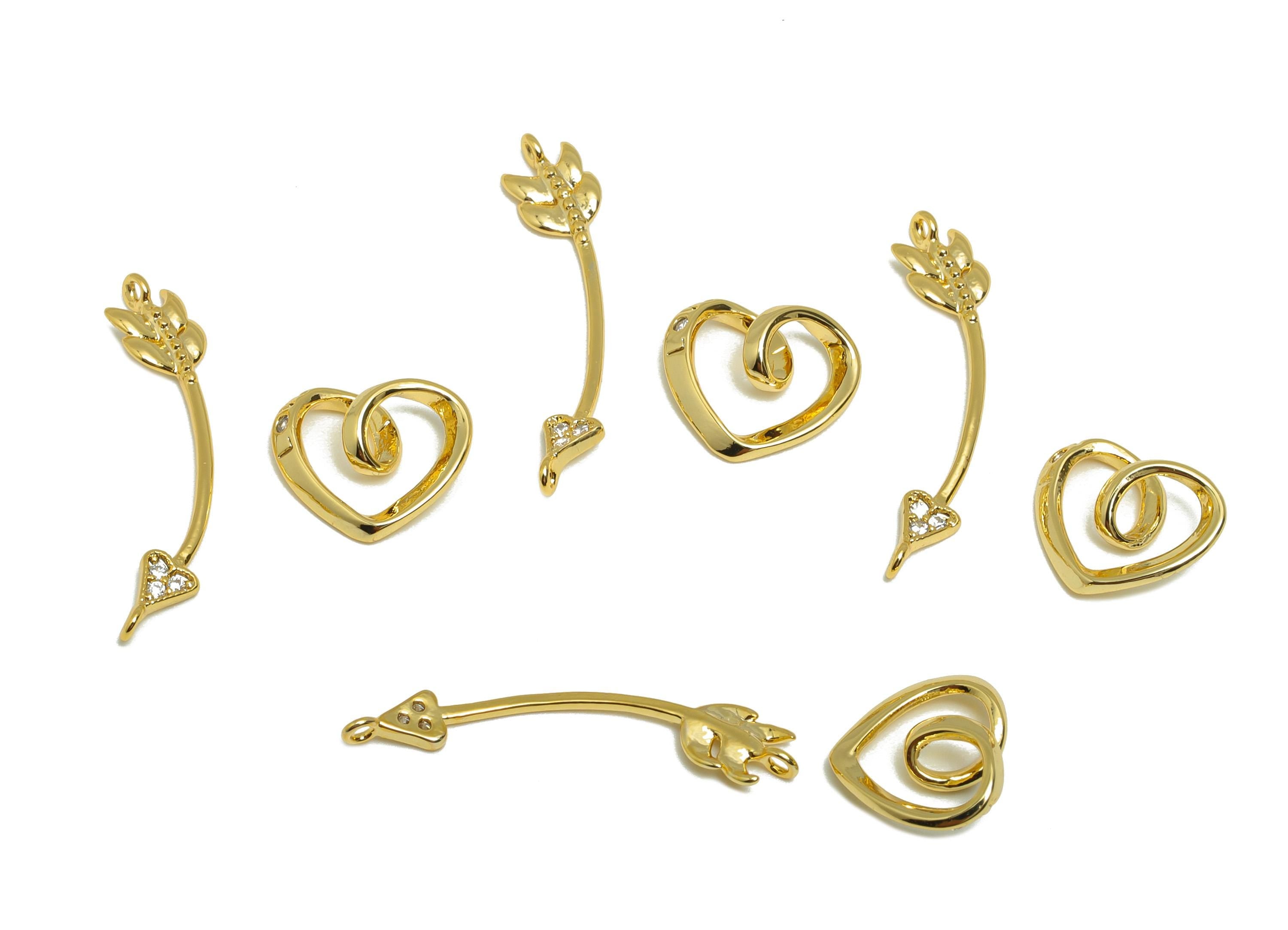 Brass Cupid&#39;s Arrow Connector - Gold Zircon Arrow Charm for Necklace - Set Heart Connector - 18K Real Gold Plating - 24x5.1x3.8mm - RGP8830 - DOMEDBAZAAR