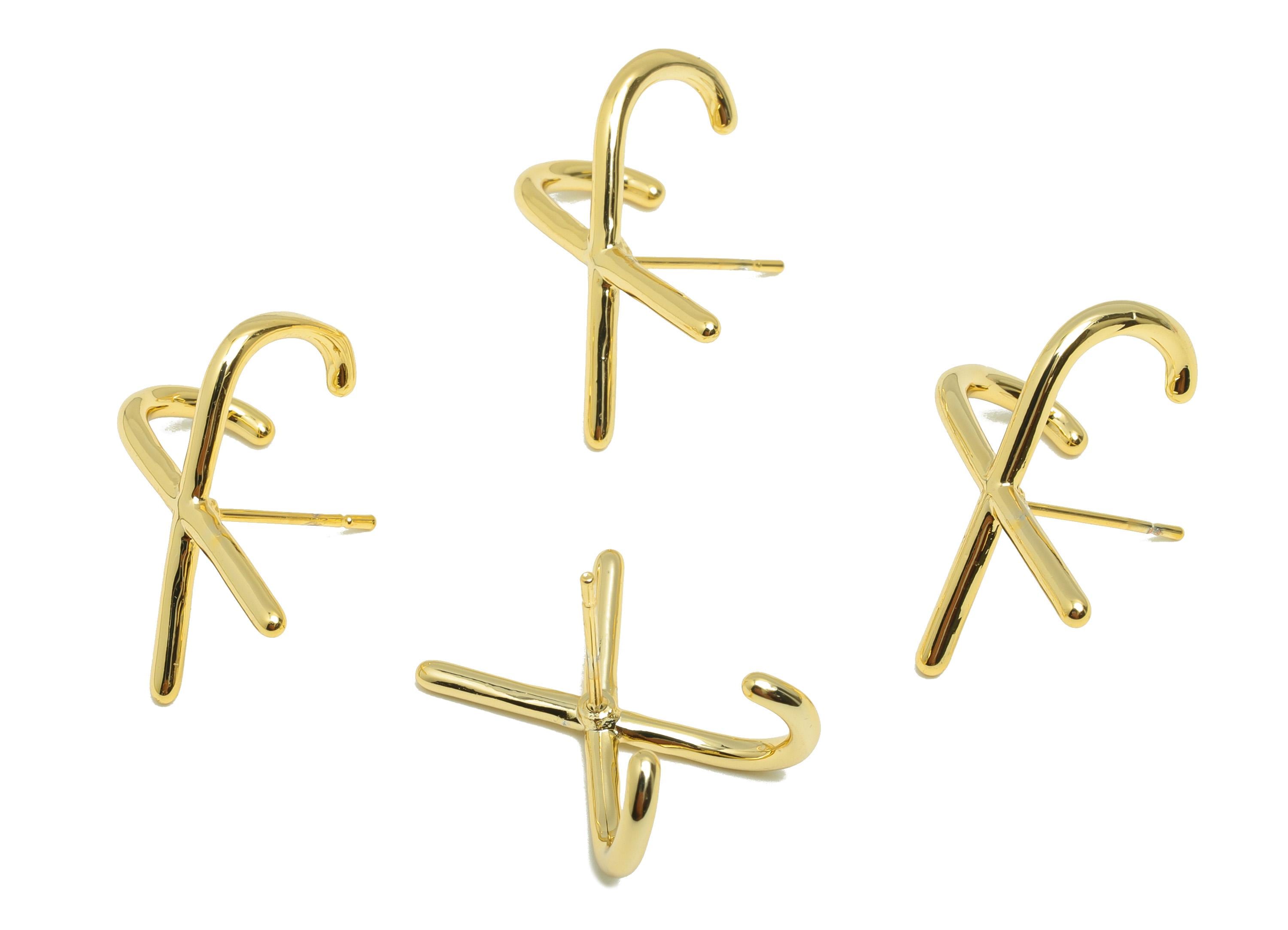 Brass X Earring Stud - Gold Minimalist Earring Post for Women - Double J Daily Wear Earring - 18K Real Gold Plated -19.9x12.5x1.94mm-RGP8831 - DOMEDBAZAAR