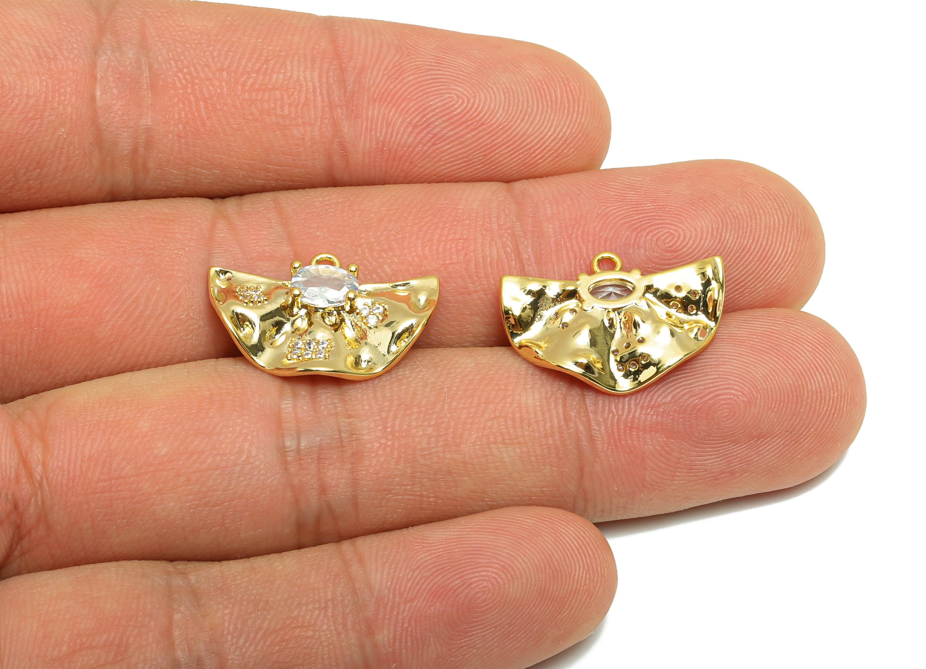 Brass Semicircle Charm - Gold Wave Fan Earring Charm for Necklace - Zircon Hammered Pendant - 18K Real Gold Plating -20.4x13.6x3.6mm-RGP8836 - DOMEDBAZAAR