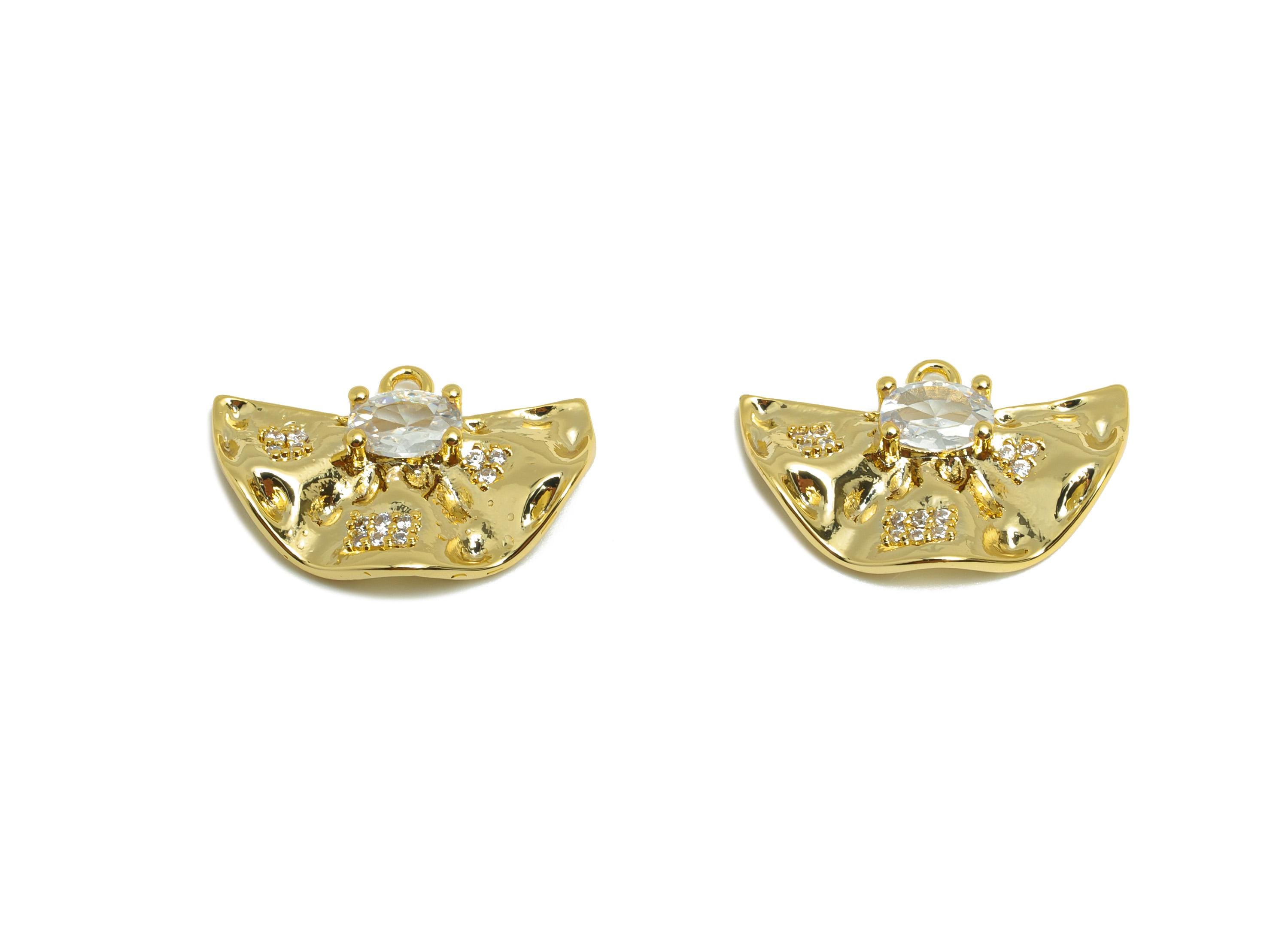 Brass Semicircle Charm - Gold Wave Fan Earring Charm for Necklace - Zircon Hammered Pendant - 18K Real Gold Plating -20.4x13.6x3.6mm-RGP8836 - DOMEDBAZAAR