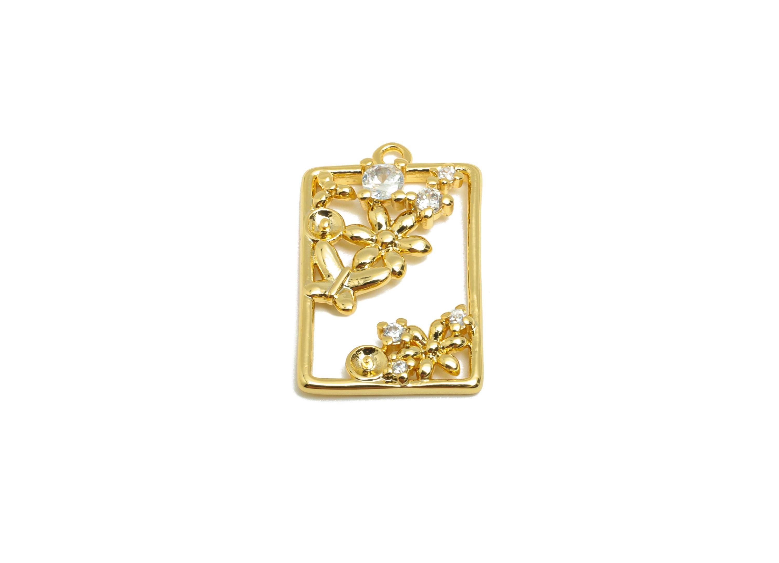 Brass Rectangle Charm - Gold Garden Earring Charm for Necklace - Zircon Hollow Pendant - 18K Real Gold Plating - 21x13.3x3.2mm- RGP8842 - DOMEDBAZAAR