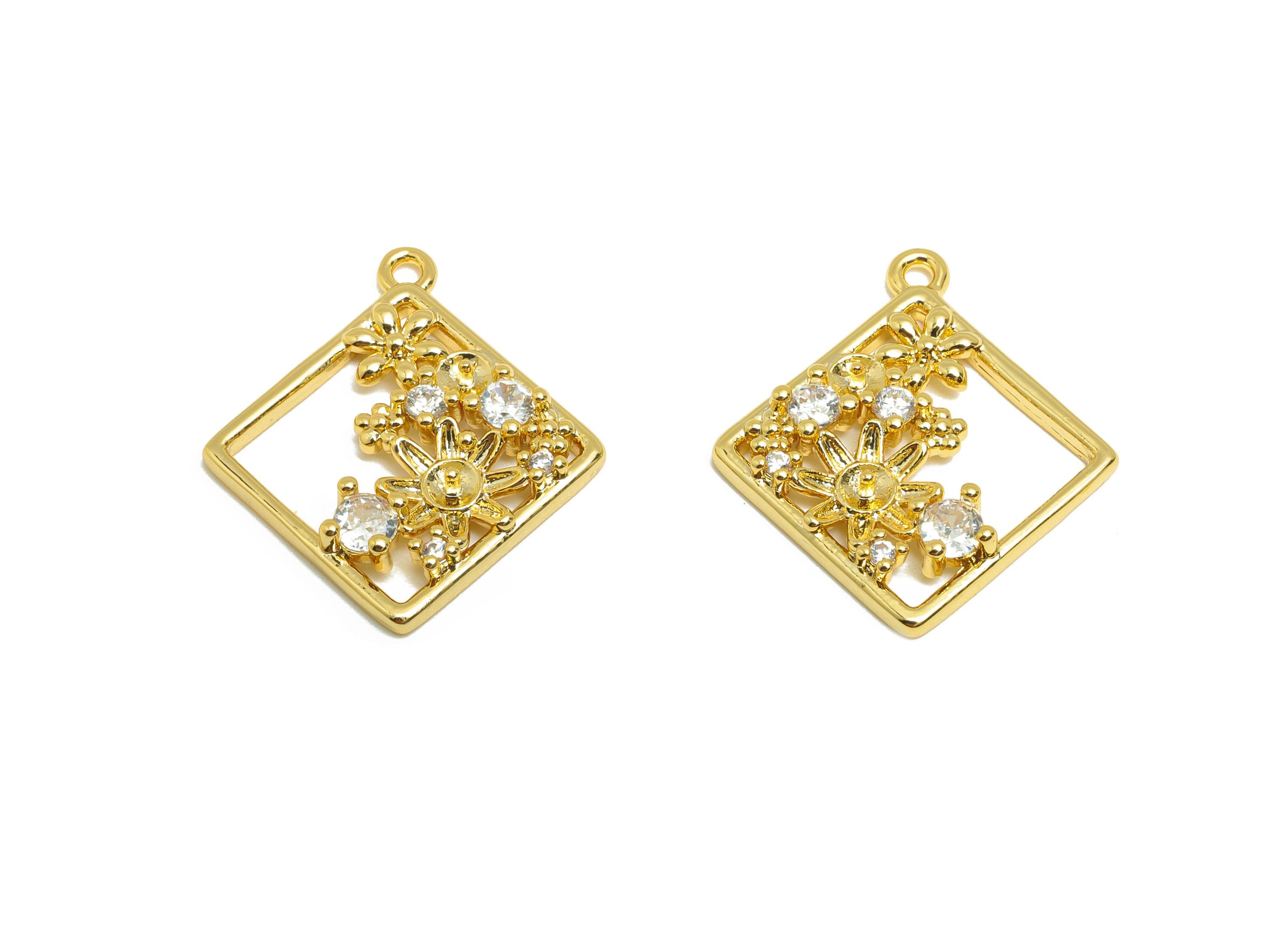 Brass Square Garden Charm - Gold Flower Earring Charm for Necklace - Zircon Hollow Pendant - 18K Real Gold Plating - 21x18.7x2.9mm - RGP8843 - DOMEDBAZAAR