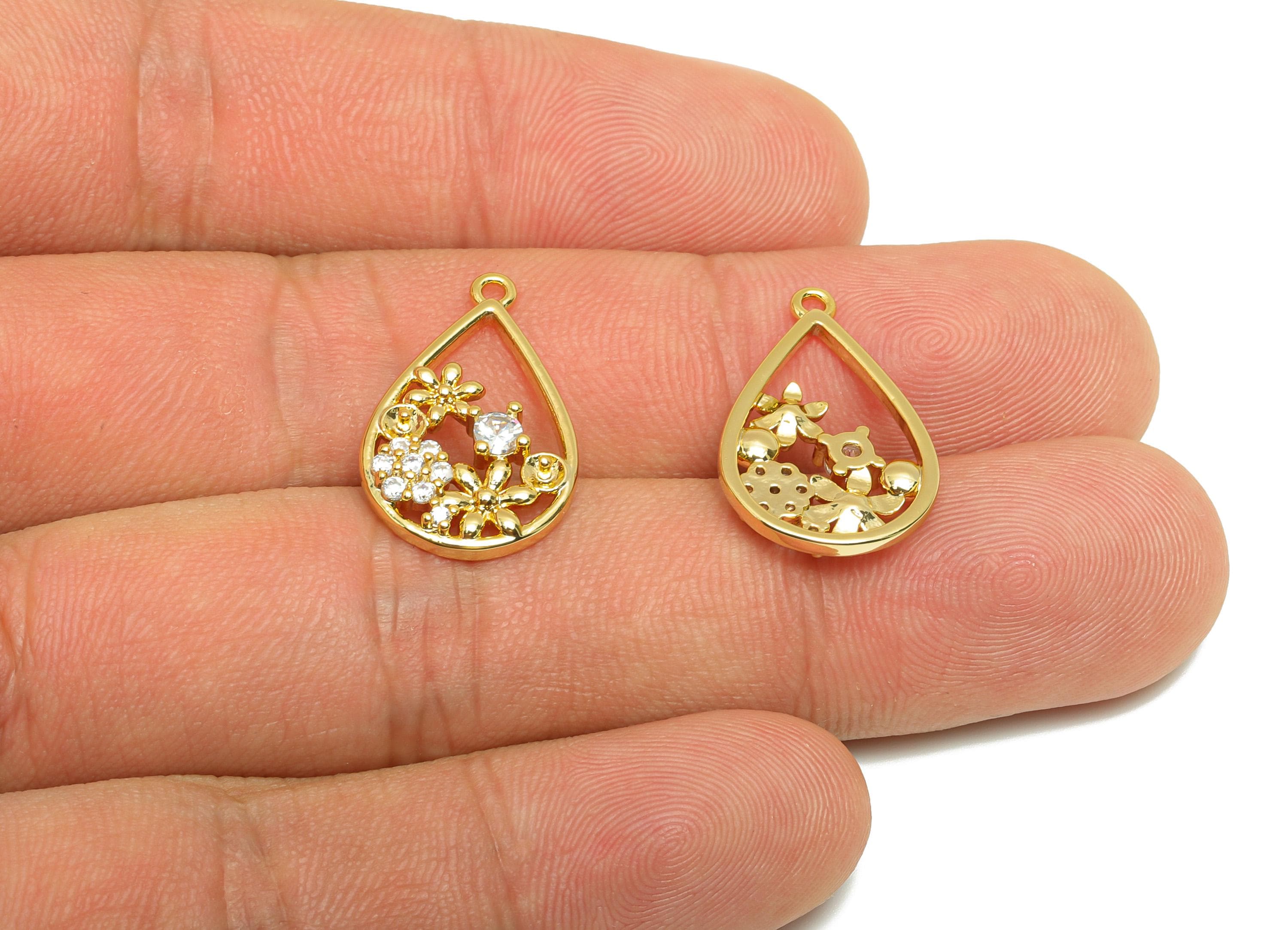 Brass Teardrop Garden Charm - Gold Flower Earring Charm for Necklace - Zircon Hollow Pendant - 18K Real Gold Plating -21.1x13.5x3mm- RGP8844 - DOMEDBAZAAR