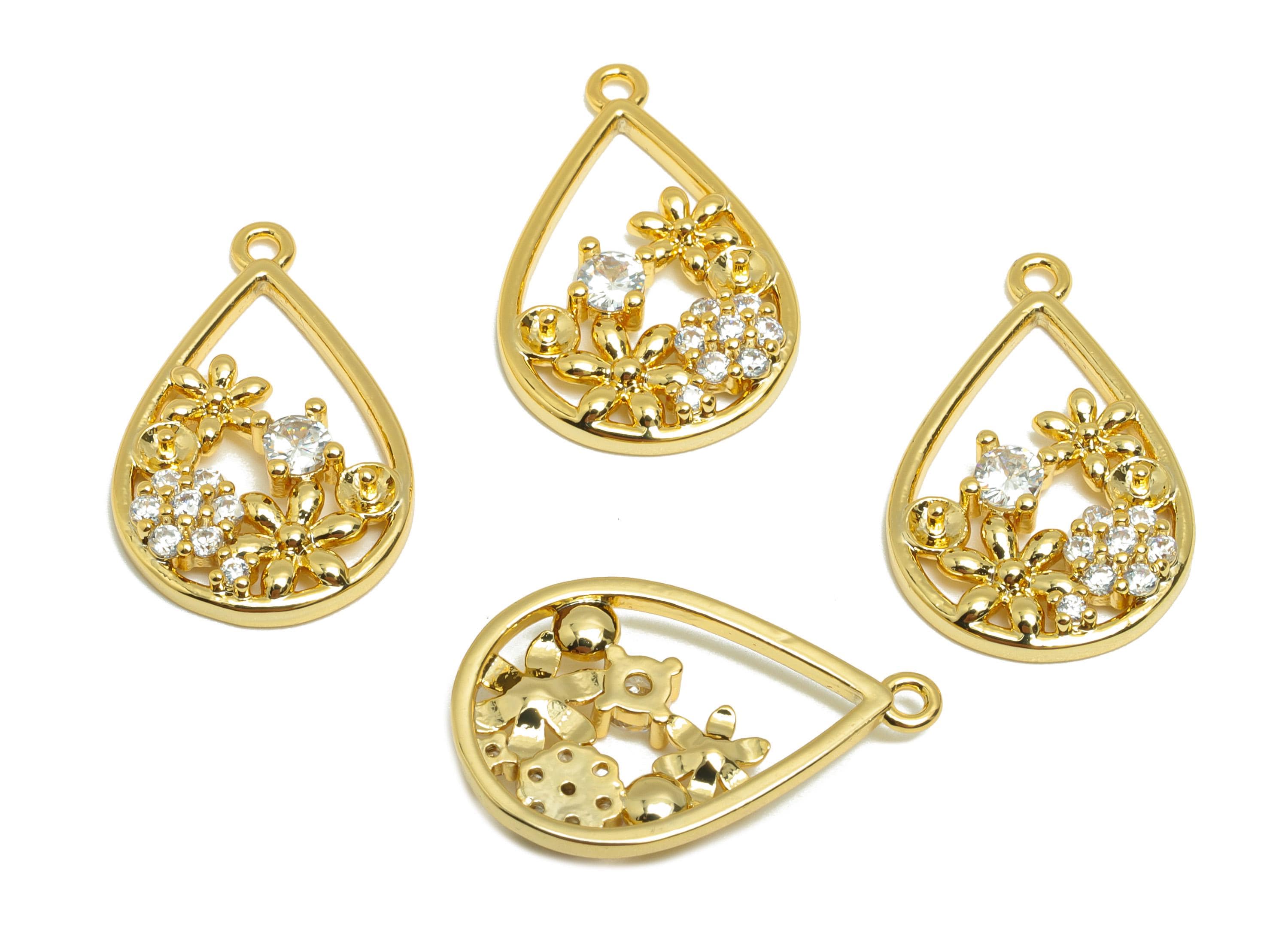 Brass Teardrop Garden Charm - Gold Flower Earring Charm for Necklace - Zircon Hollow Pendant - 18K Real Gold Plating -21.1x13.5x3mm- RGP8844 - DOMEDBAZAAR