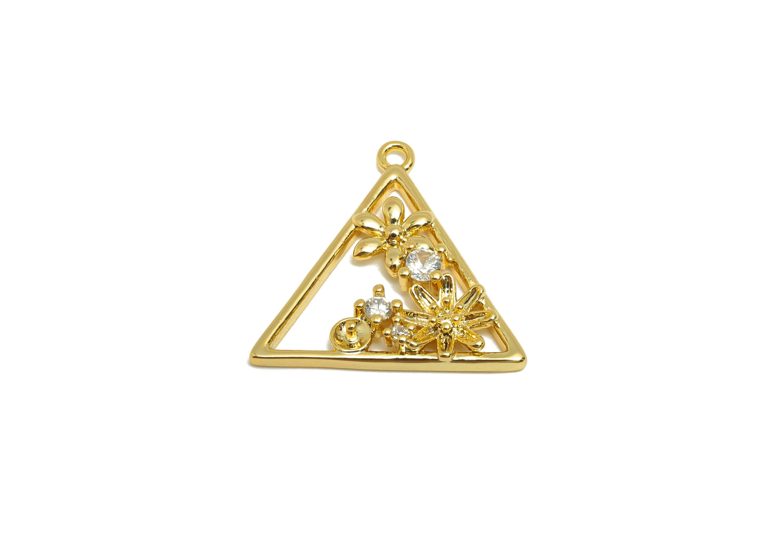 Brass Triangle Charm - Gold Garden Earring Charm for Necklace - Zircon Hollow Pendant - 18K Real Gold Plating - 19.2x19.02x2.63mm- RGP8846 - DOMEDBAZAAR