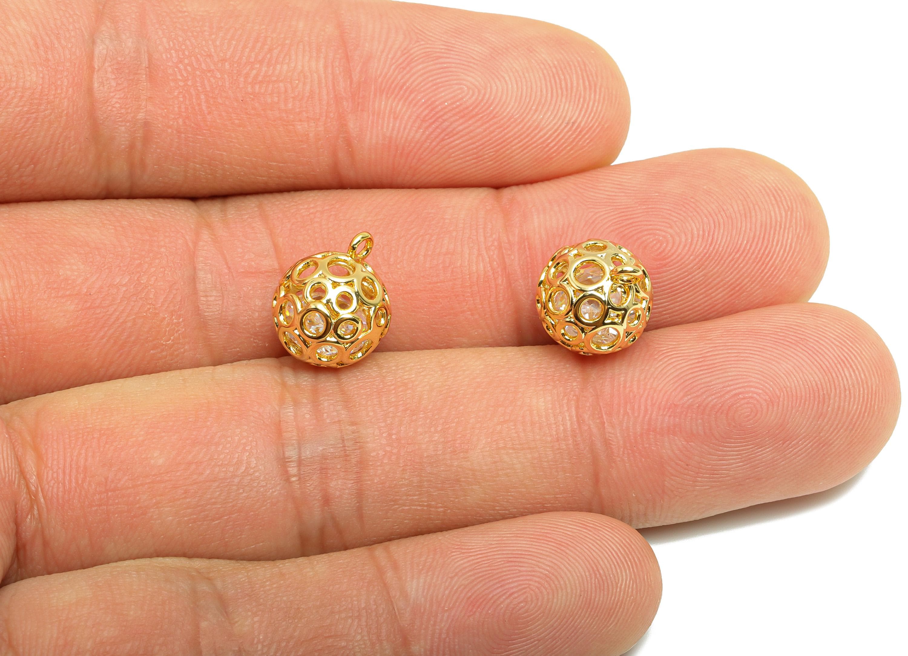 Brass Ball Earring Charm - Gold Round Hollow Charm for Bracelet - Zircon Pendant with Loop - 18K Real Gold Plating - 12.3x10x10mm - RGP8848 - DOMEDBAZAAR
