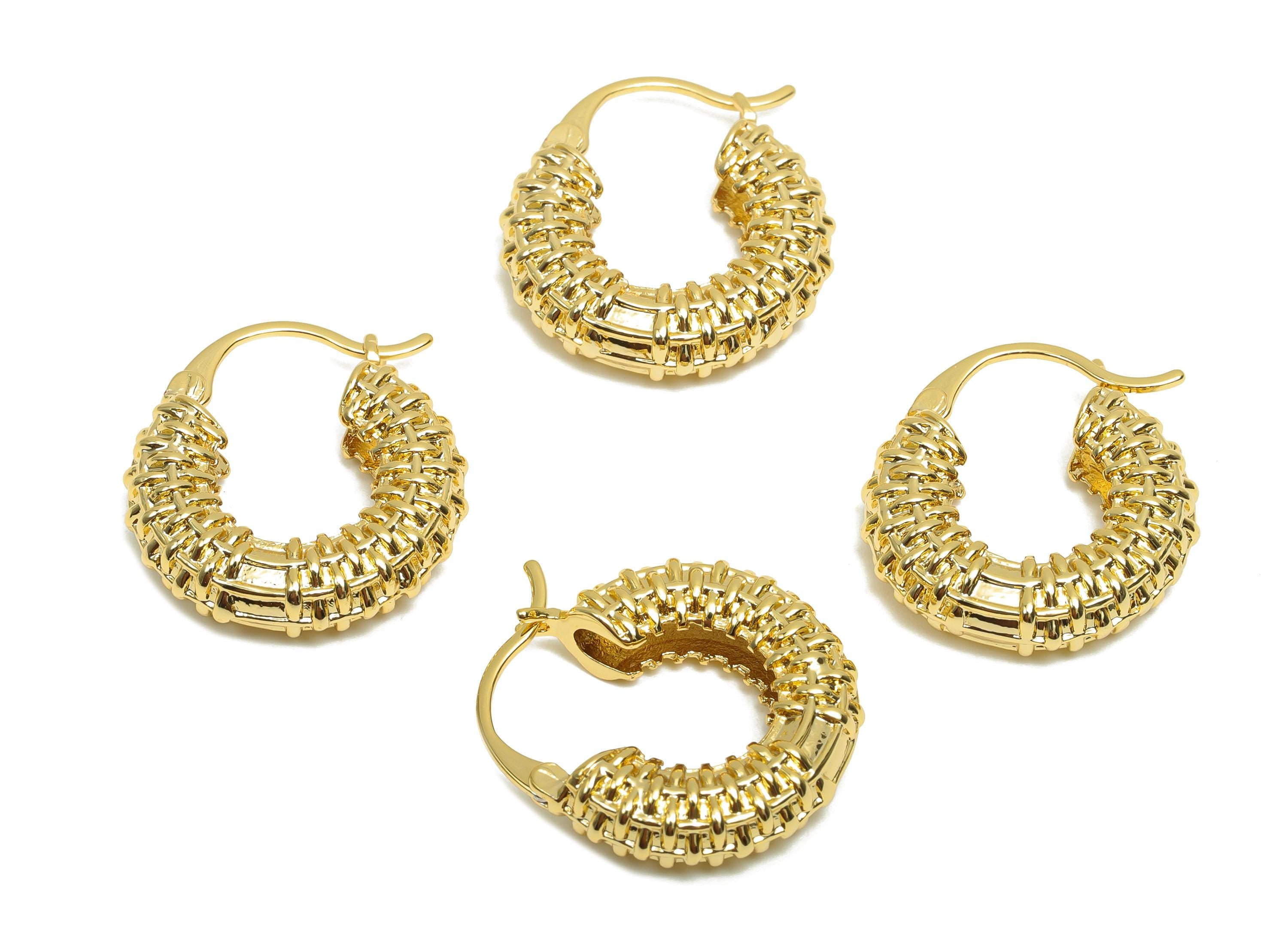 Brass Hinged Earring - For Women&#39;s - Brass Textured Thick Hoop Earring - Hinged Back - 18K Real Gold Plating - 24.20x21.92x10.43mm - RGP8306 - DOMEDBAZAAR