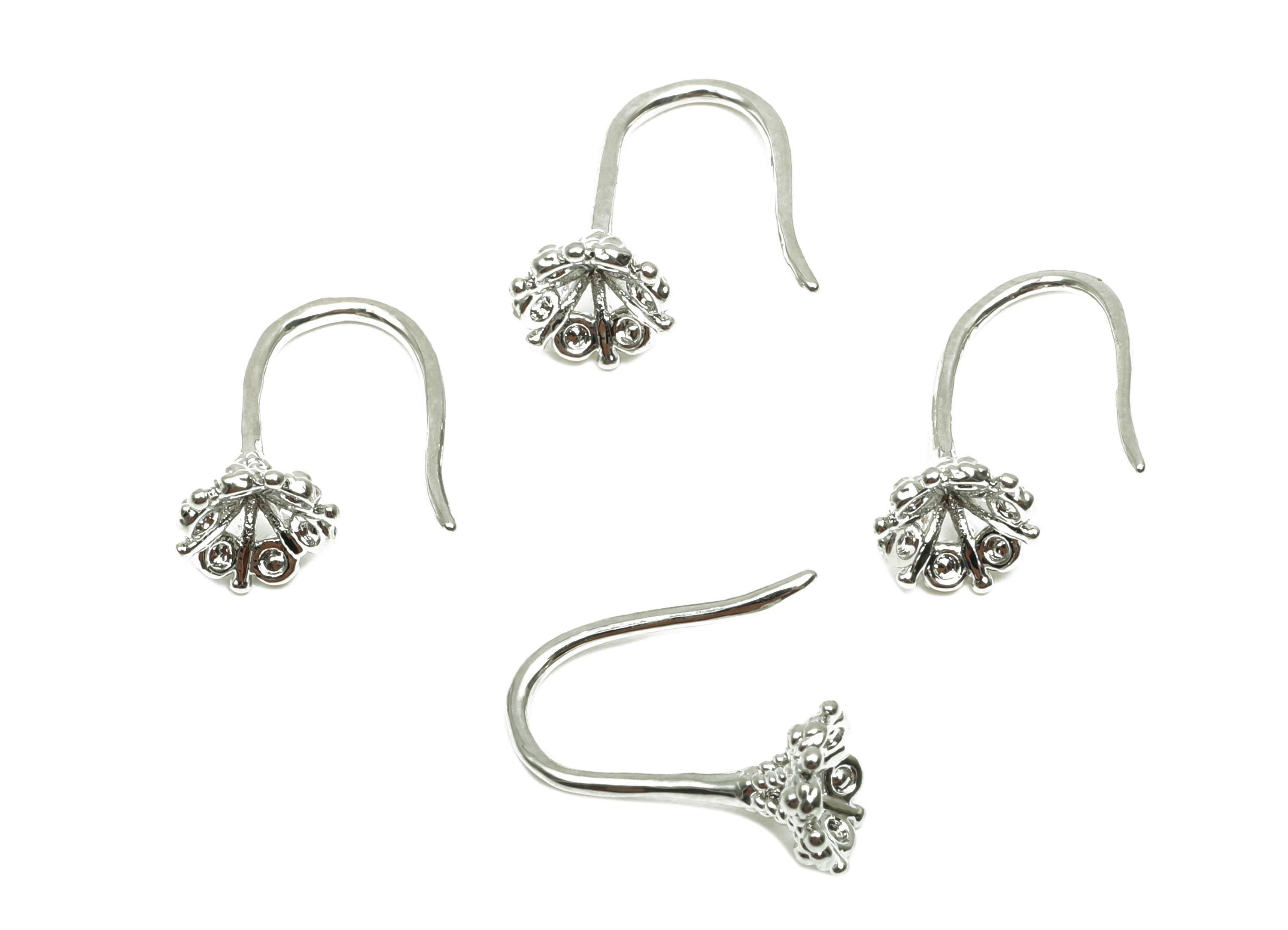 Flower Earring Wire - For Lady&#39;s Mini Earring Hook - Textured Flower Ear for Daily - 18K Real White Gold Plating -13.34x6.21x1.28mm- RGP8238 - DOMEDBAZAAR
