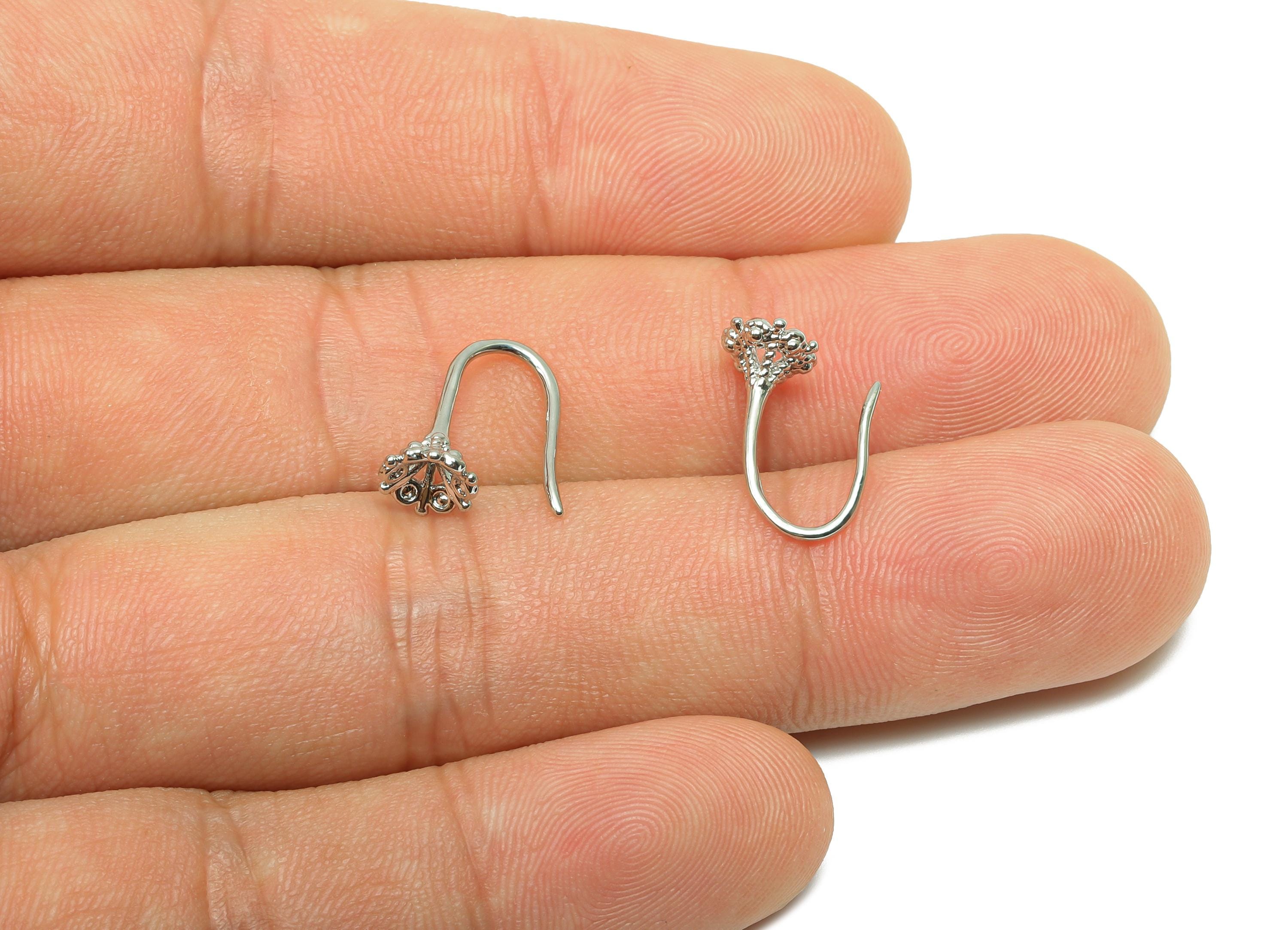 Flower Earring Wire - For Lady&#39;s Mini Earring Hook - Textured Flower Ear for Daily - 18K Real White Gold Plating -13.34x6.21x1.28mm- RGP8238 - DOMEDBAZAAR