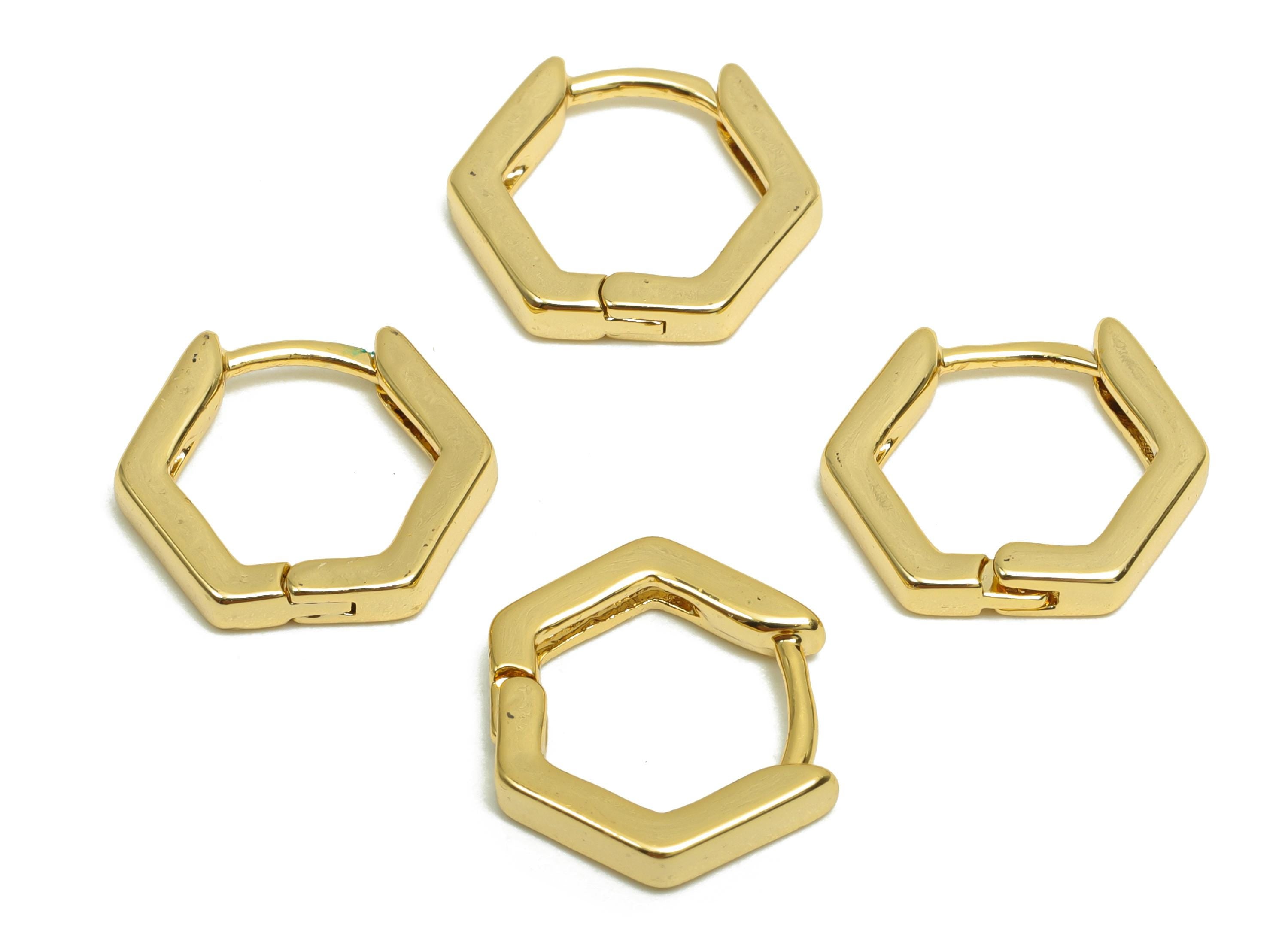 Brass Hexagon Hoop Earring - Minimalist Gift For Her - Brass Gold Jewelry Huggie  Earring - 18K Real Gold Plating - 9.96x10.37x2mm - RGP8290 - DOMEDBAZAAR