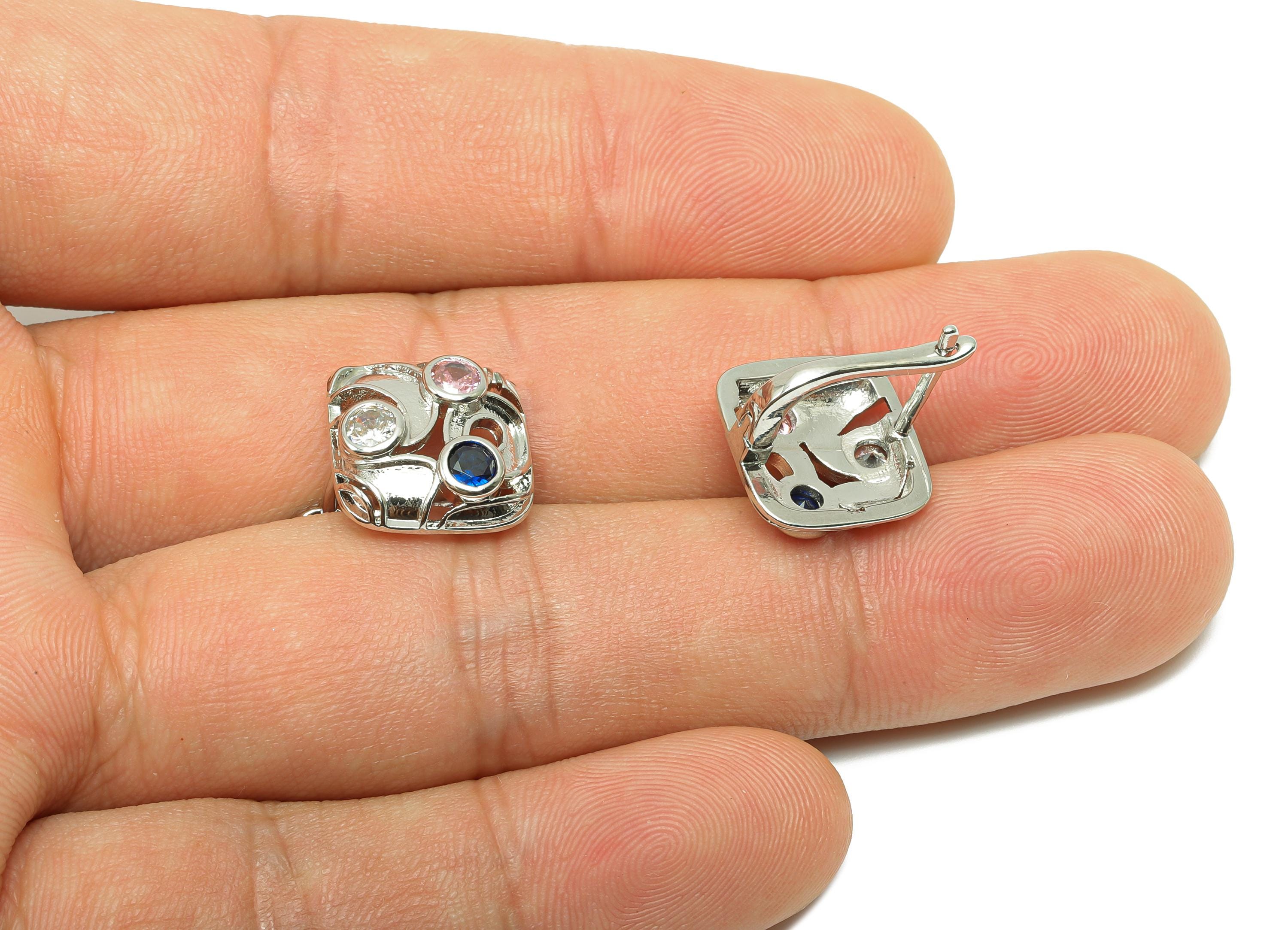 Square English Lock Ear - For Women&#39;s Huggie Earring - Brass Zircon Hoop Earring - 18K Real White Gold Plated - 15.90x13.72x3.73mm - RGP8241 - DOMEDBAZAAR