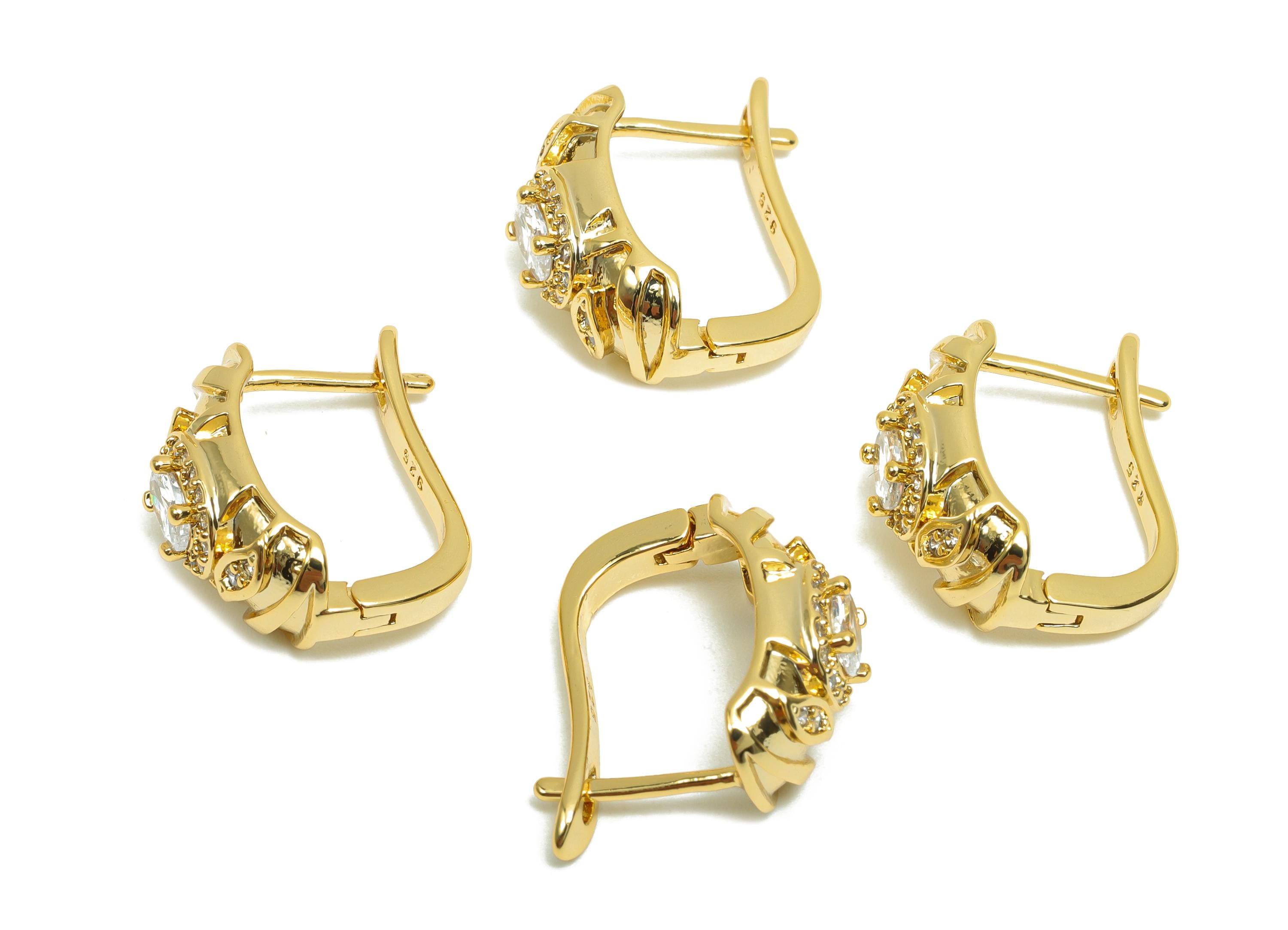 Brass CZ Hoop Earring - Brass Cubic Zircon English Lock Earring - Brass Textured Hoop Earring -18K Real Gold Plated - 19x15x4mm - RGP8314 - DOMEDBAZAAR