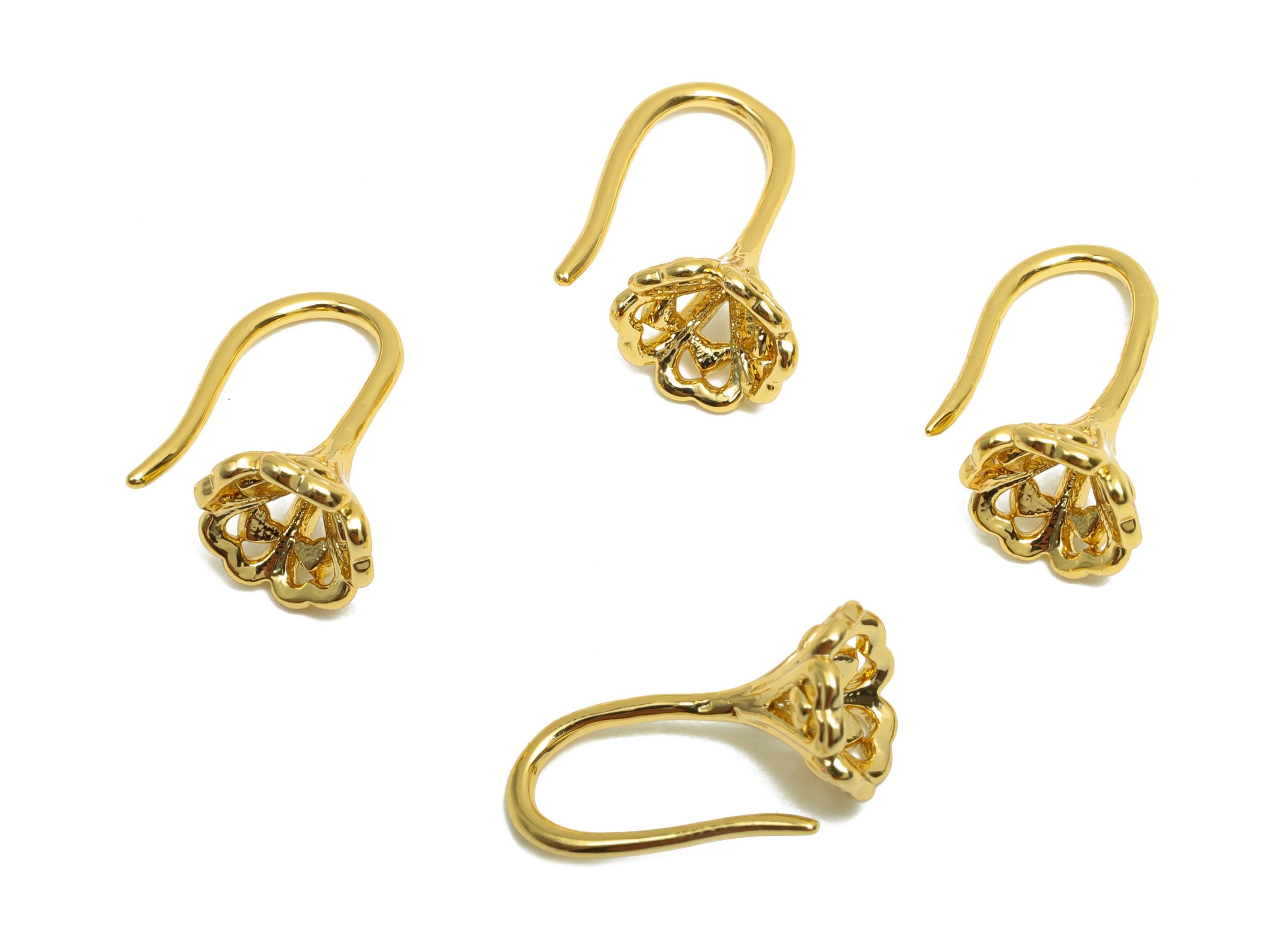 Brass Flower Earring Wire - For Lady&#39;s Mini Earring Hook - Textured Flower Earring Hoop Wire - 18K Real Gold Plating - 10x5x0.82mm - RGP8319 - DOMEDBAZAAR