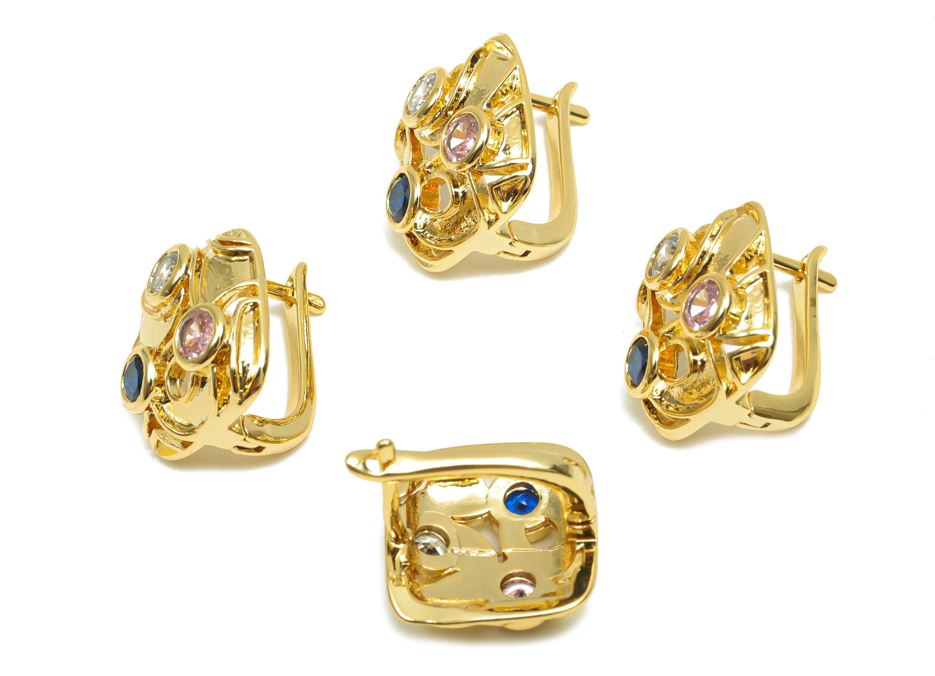 Brass CZ Hoop Earring - Brass Cubic Zircon English Lock Earring - Brass Square Hoop Earring -18K Real Gold Plating - 15.9x13x3mm - RGP8315 - DOMEDBAZAAR