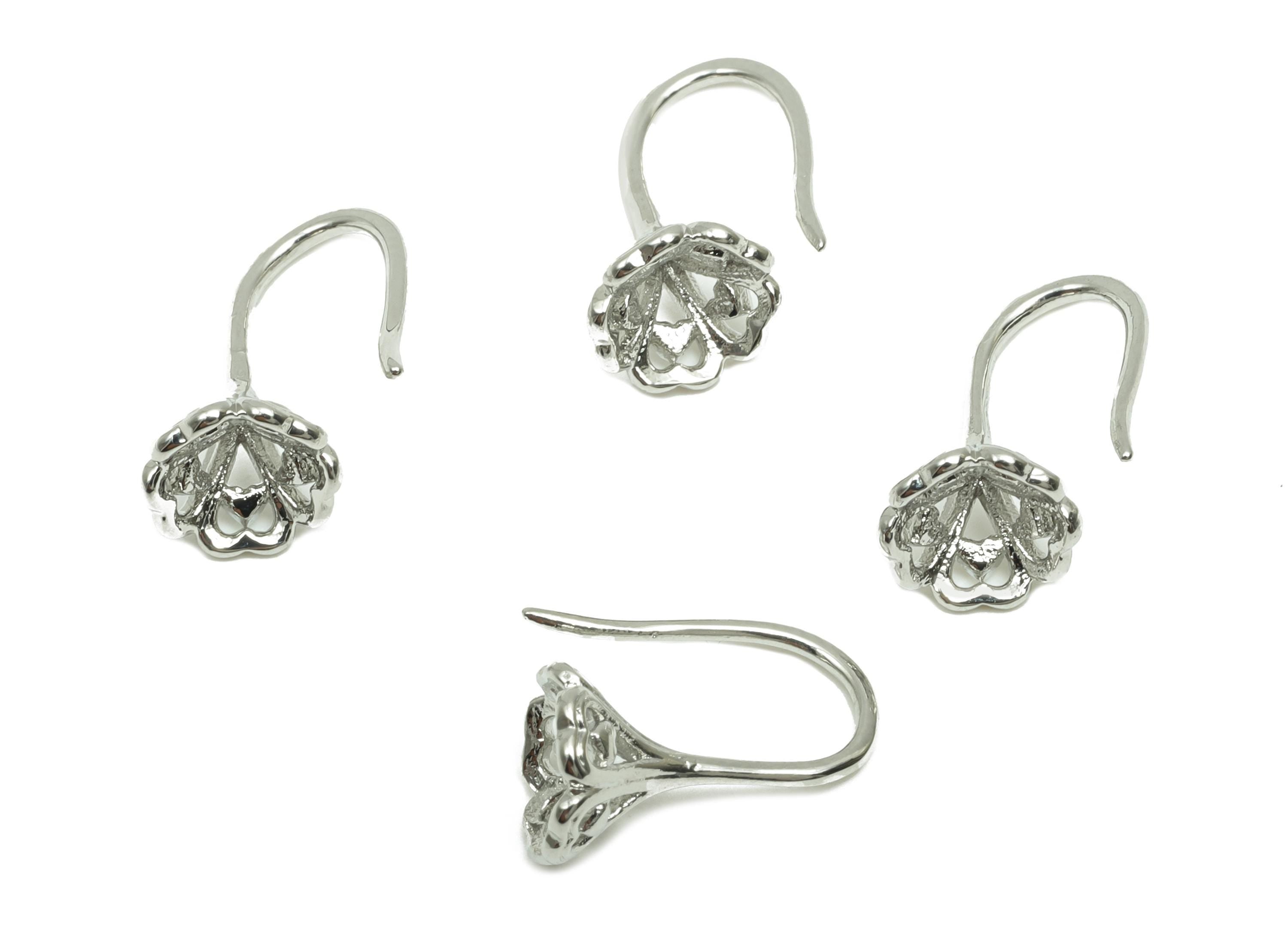 Flower Earring Wire - For Lady&#39;s Mini Earring Hook - Textured Flower Ear for Daily - 18K Real White Gold Plating -10.85x5.29x0.82mm- RGP8245 - DOMEDBAZAAR