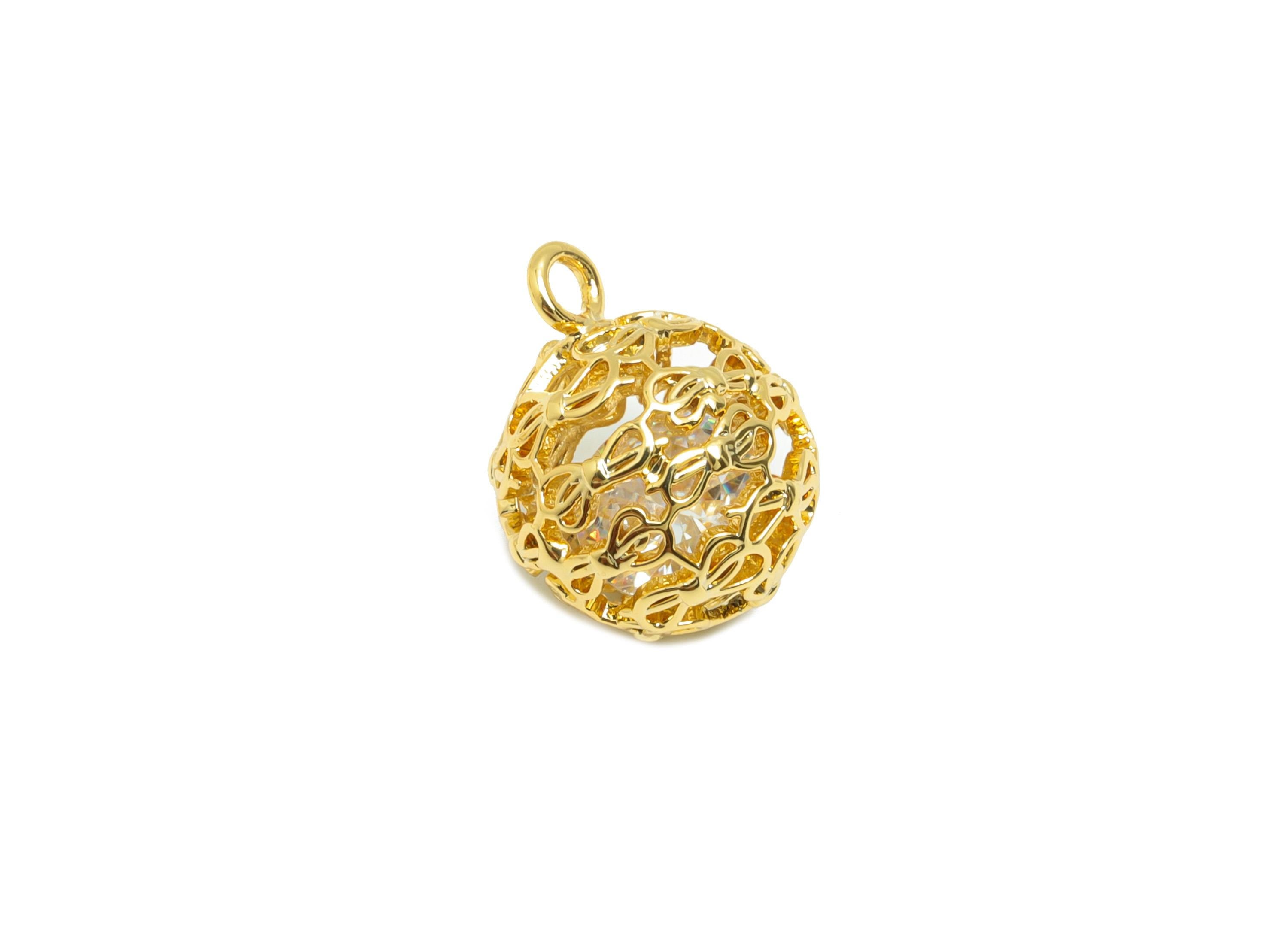 Brass Ball Earring Charm - Gold Round Hollow Charm for Bracelet - Zircon Pendant with Loop - 18K Real Gold Plating - 13x10x10mm - RGP8858 - DOMEDBAZAAR