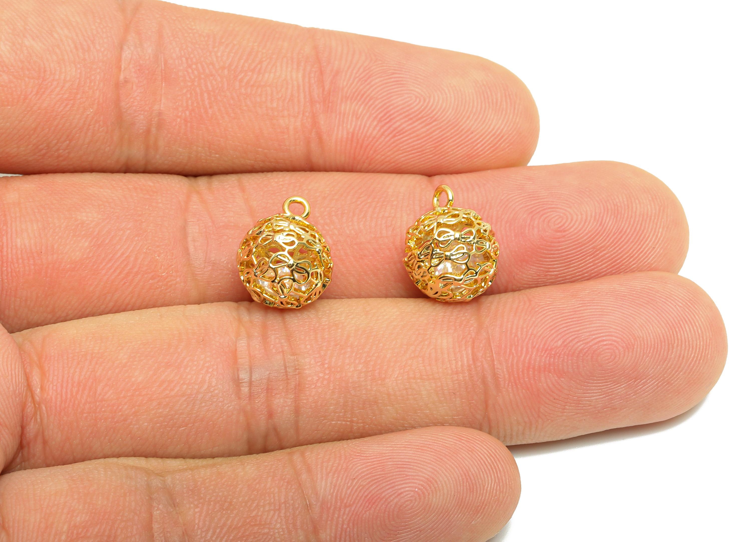 Brass Ball Earring Charm - Gold Round Hollow Charm for Bracelet - Zircon Pendant with Loop - 18K Real Gold Plating - 13x10x10mm - RGP8858 - DOMEDBAZAAR
