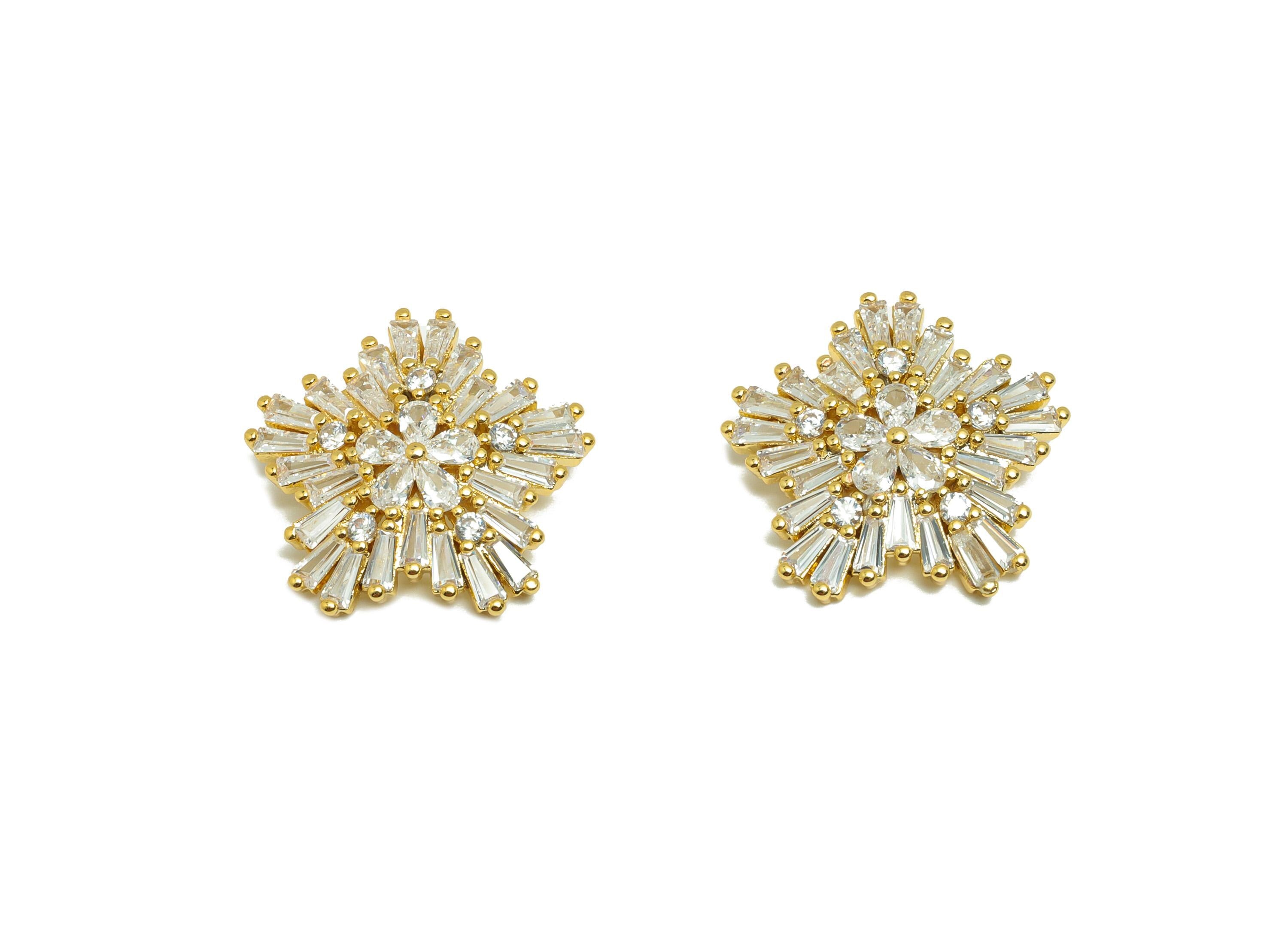 Gold Zircon Sakura Pendant - Brass with Baguette-Cut Diamonds - CZ Special Occasions Charms - 18K Real Gold Plating- 18x17.7x4.8mm - RGP8862 - DOMEDBAZAAR