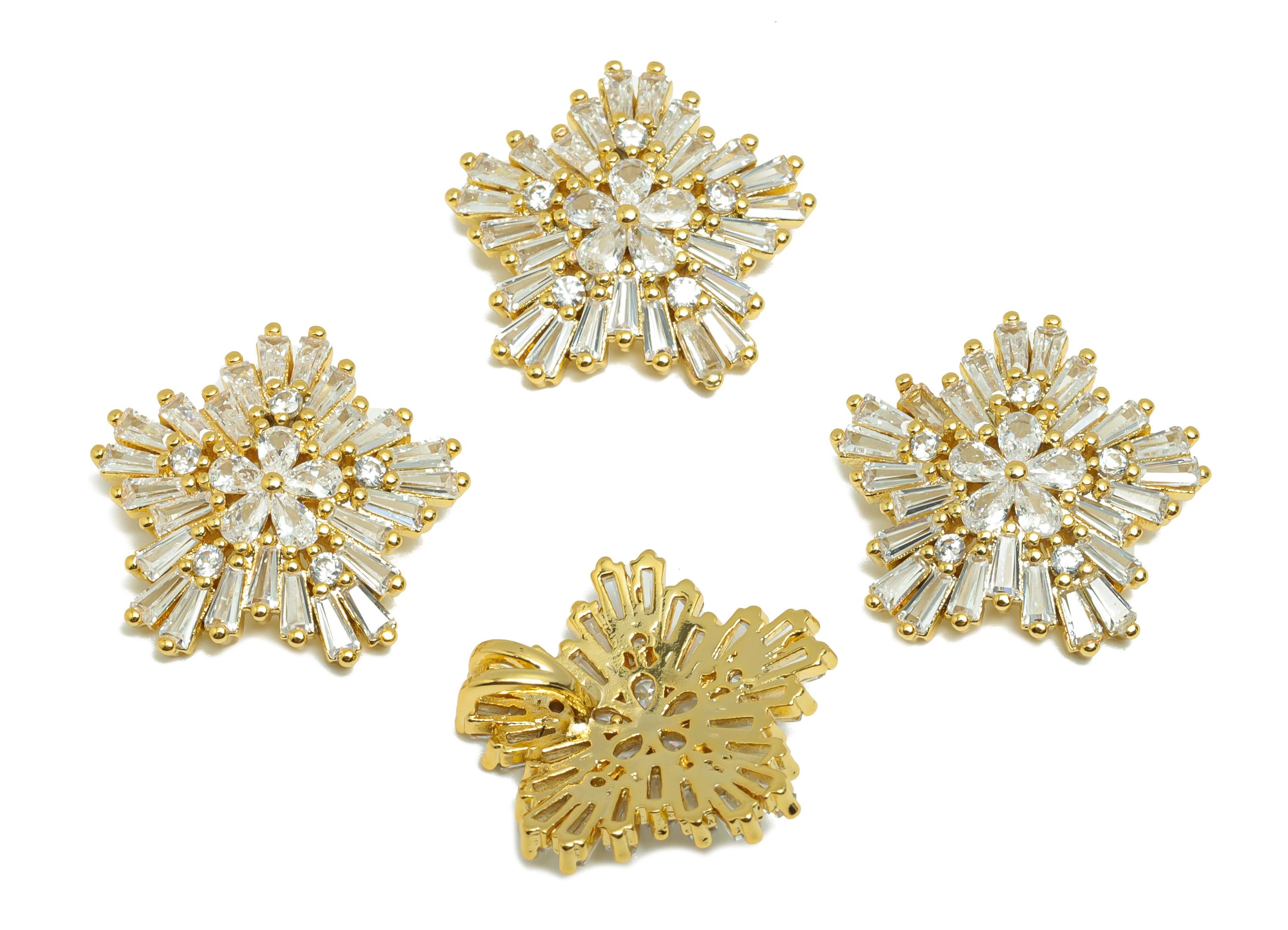 Gold Zircon Sakura Pendant - Brass with Baguette-Cut Diamonds - CZ Special Occasions Charms - 18K Real Gold Plating- 18x17.7x4.8mm - RGP8862 - DOMEDBAZAAR