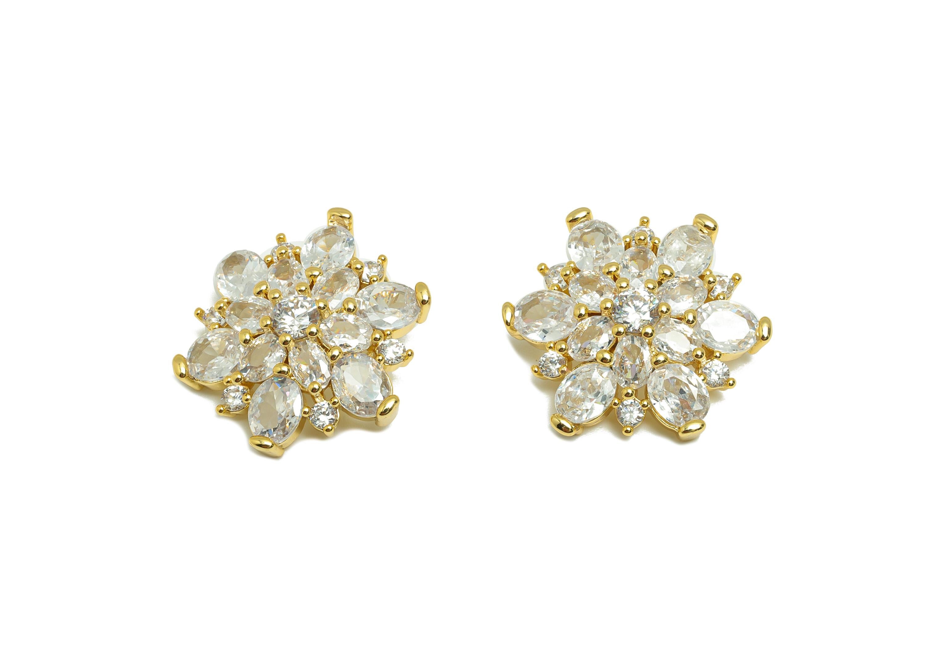 Gold Zircon Flower Pendant - Brass Petal with Teardrop Crystals - CZ Crystal Jewelry Charm - 18K Real Gold Plating - 20x20x6.7mm - RGP8863 - DOMEDBAZAAR