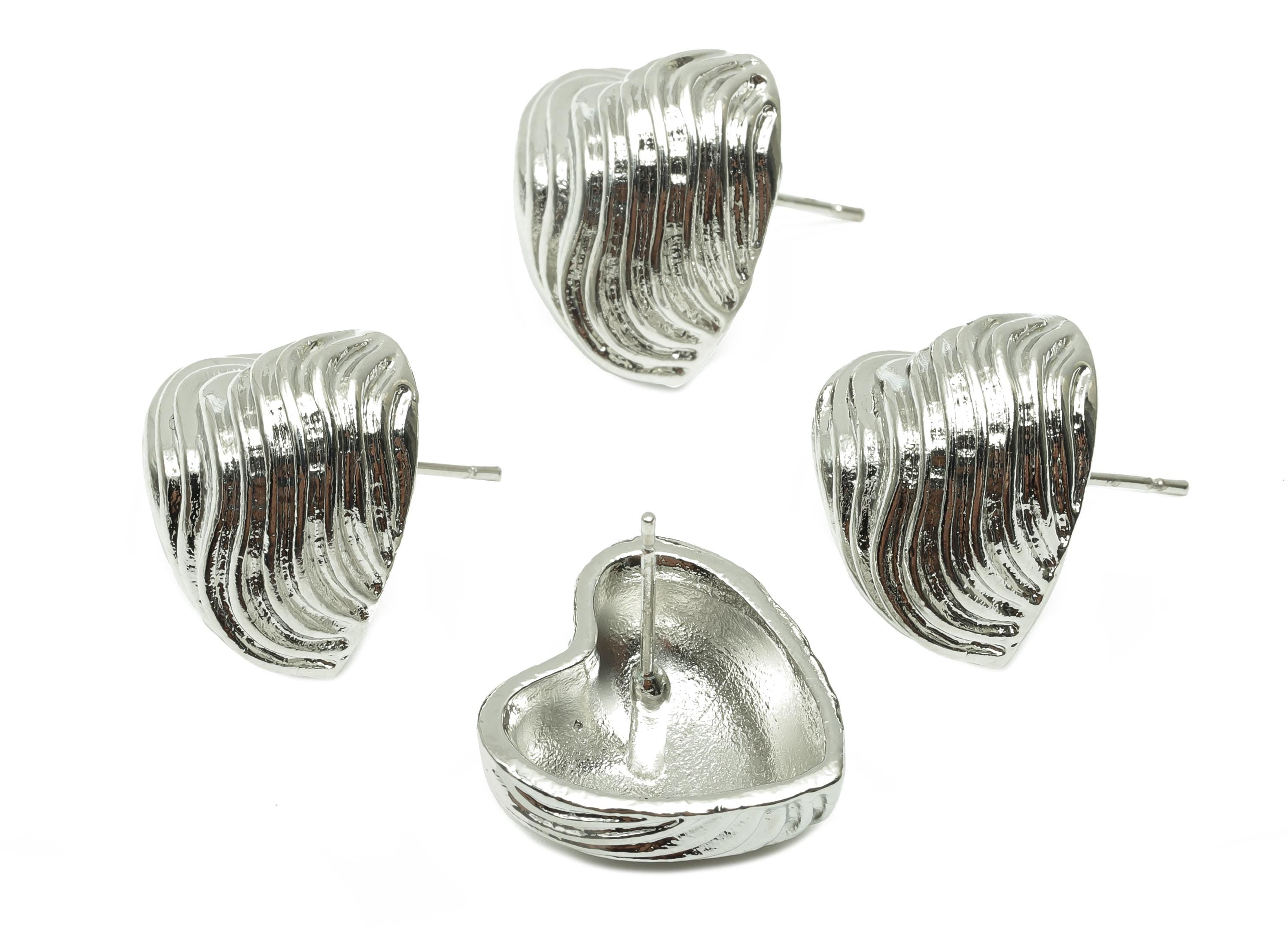 Textured Heart Earring - For Lady&#39;s Earring Stud - Valentine&#39;s Day Earring Post - 18K Real White Gold Plating - 17.38x17.41x9.18mm - RGP8251 - DOMEDBAZAAR