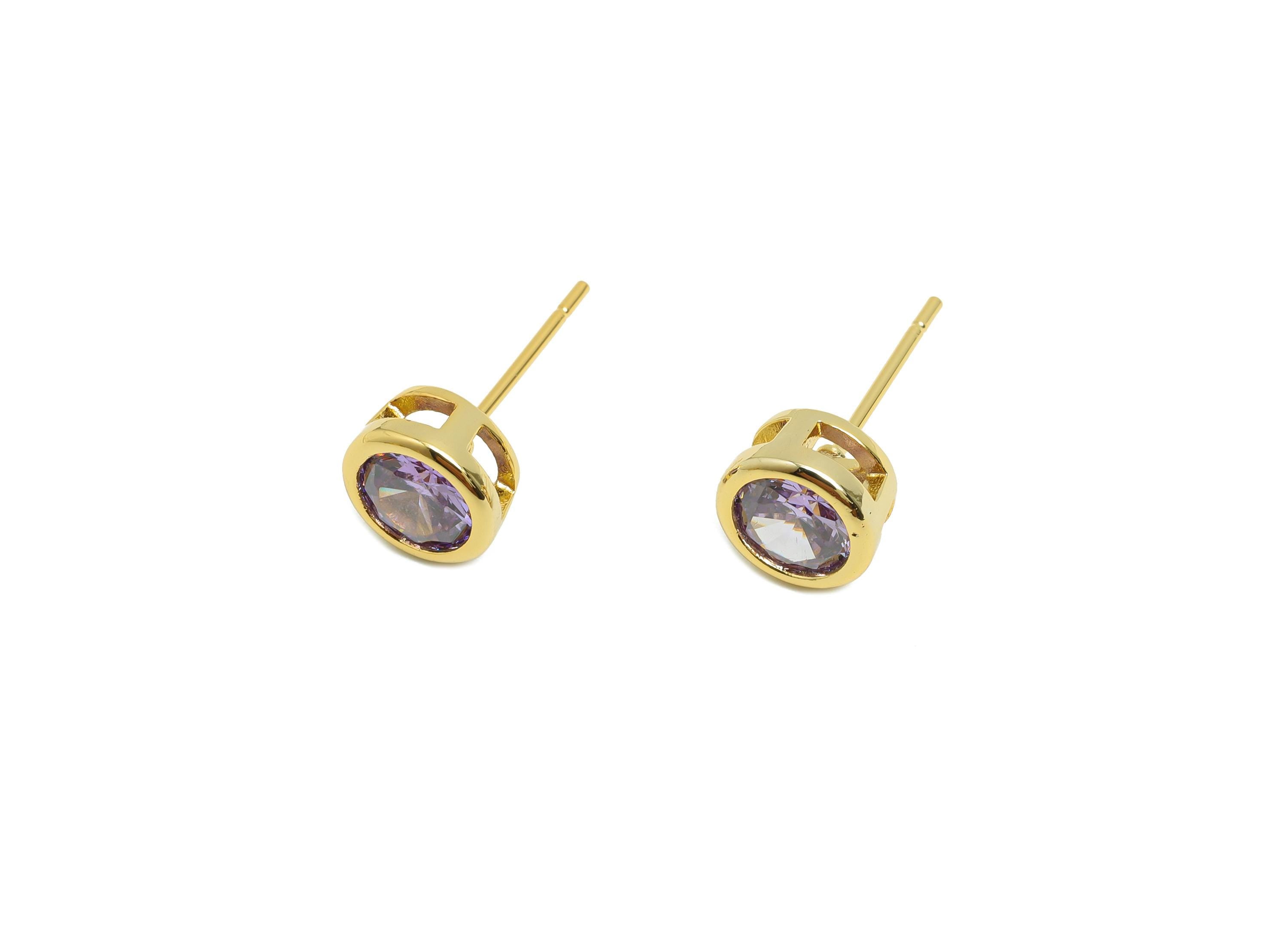 Brass CZ Earring Post - Brass Light Amethyst Earring Stud - Brass Cubic Zircon Earring Post  - 18K Real Gold Plating - 16x7x5.5mm - RGP8395Y - DOMEDBAZAAR