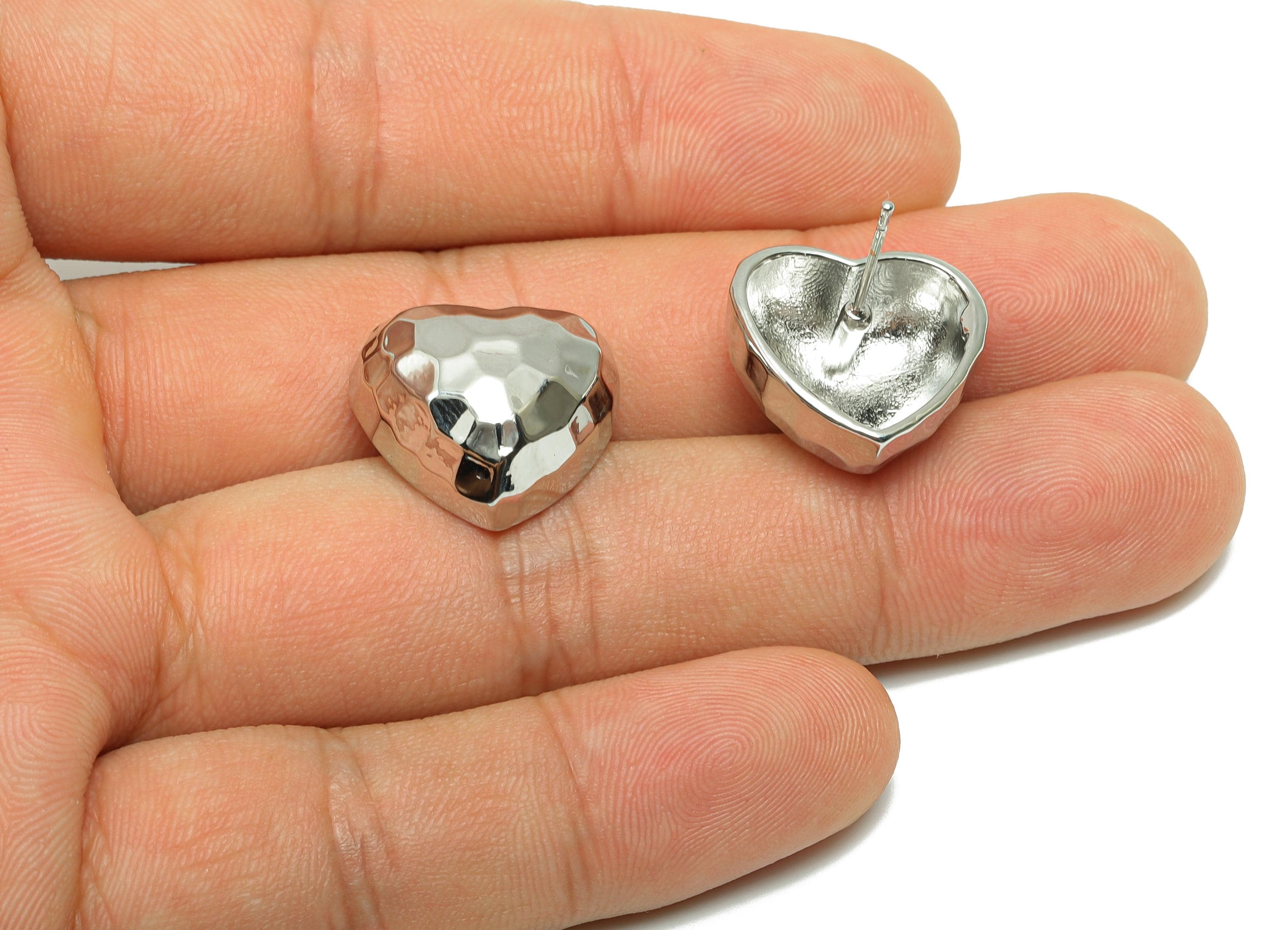 Multifaceted Heart Ear - For Lady&#39;s Earring Stud - Valentine&#39;s Day Earring Post - 18K Real White Gold Plating - 16.03x18.27x8.87mm - RGP8255 - DOMEDBAZAAR