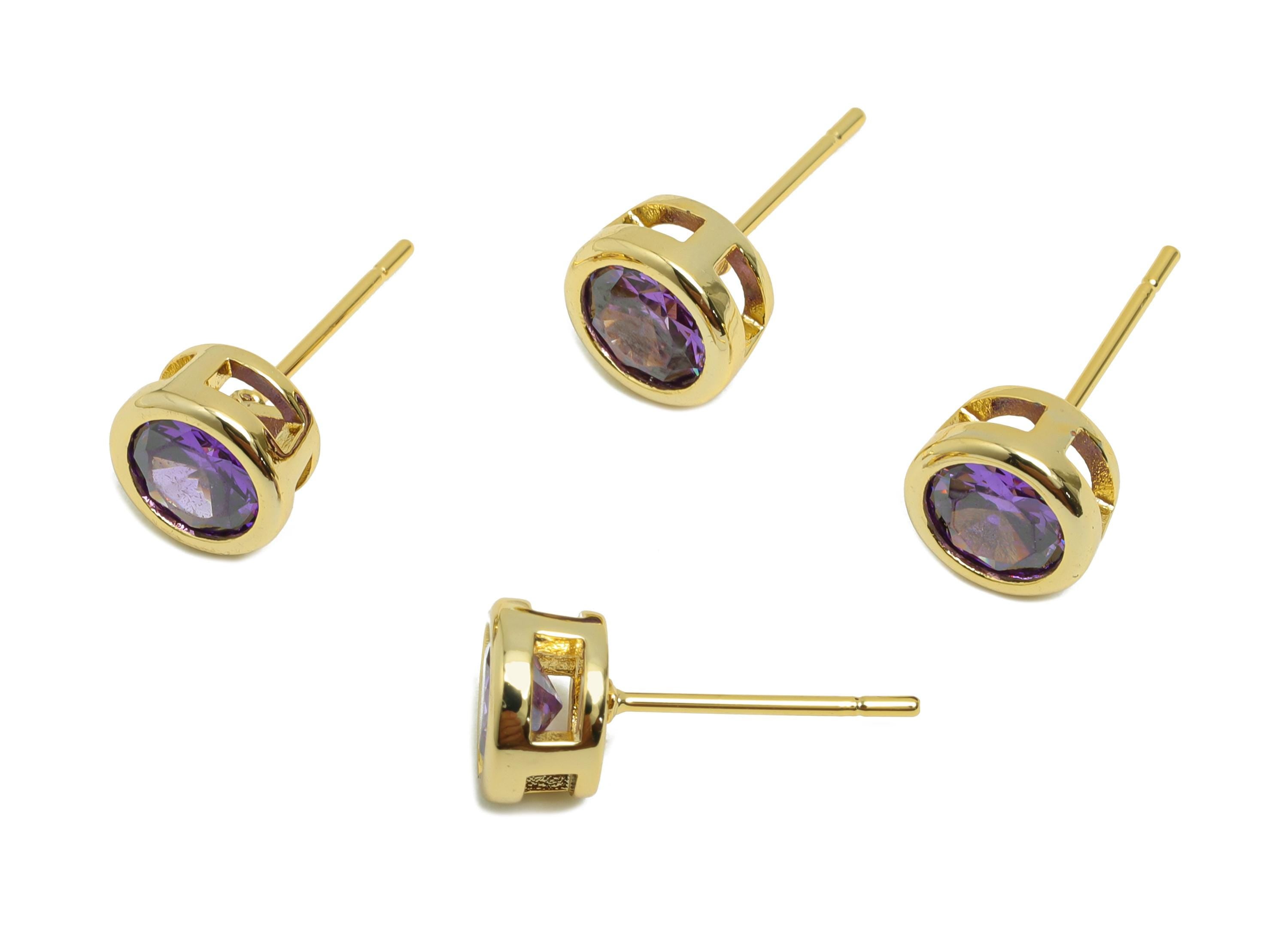 Brass CZ Earring Post - Brass D-Amethyst Earring Stud - Cubic Zircon Earring Post  - Gold Jewelry - 18K Real Gold Plated -16x7x5mm-RGP8395T - DOMEDBAZAAR