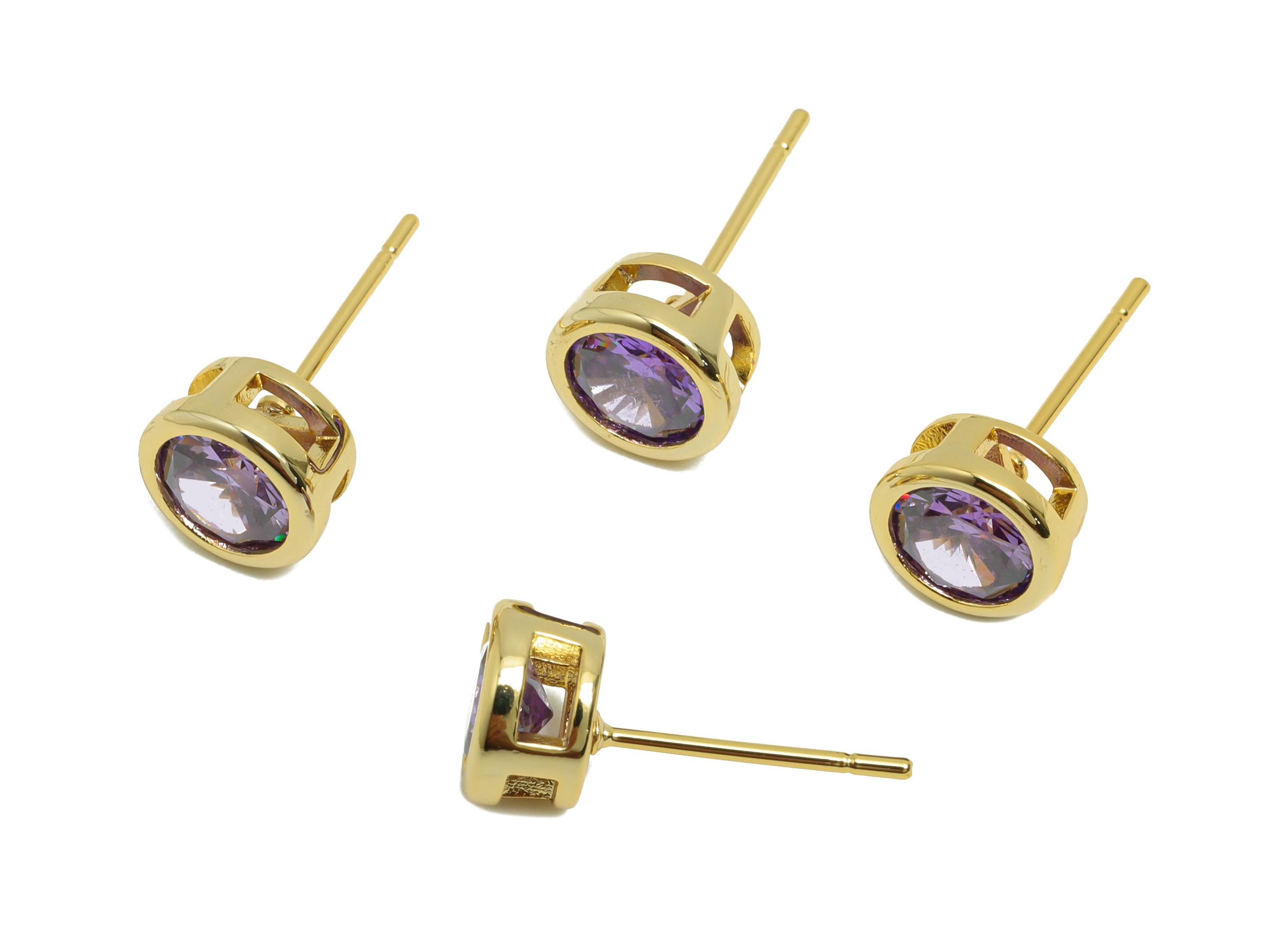 Brass CZ Earring Post - Brass Amethyst Earring Stud - Cubic Zircon Earring Post  - Gold Jewelry - 18K Real Gold Plated - 16x7x5mm - RGP8395Q - DOMEDBAZAAR