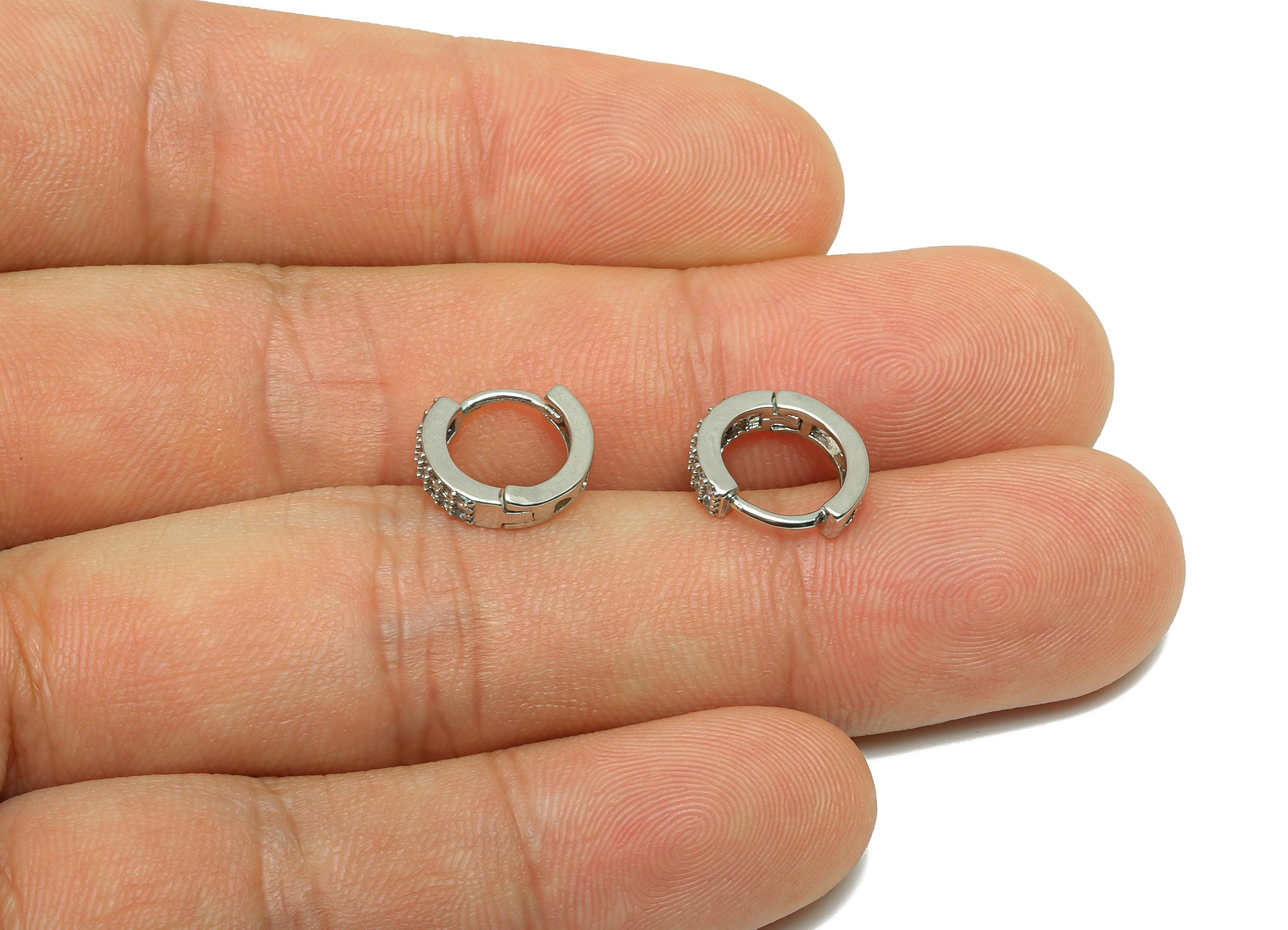 Zircon Round Huggie Earring - For Lady&#39;s Hoop Earring - Brass Mini Daily Wear Ear - 18K Real White Gold Plated - 10.27x11.14x2.6mm - RGP8259 - DOMEDBAZAAR