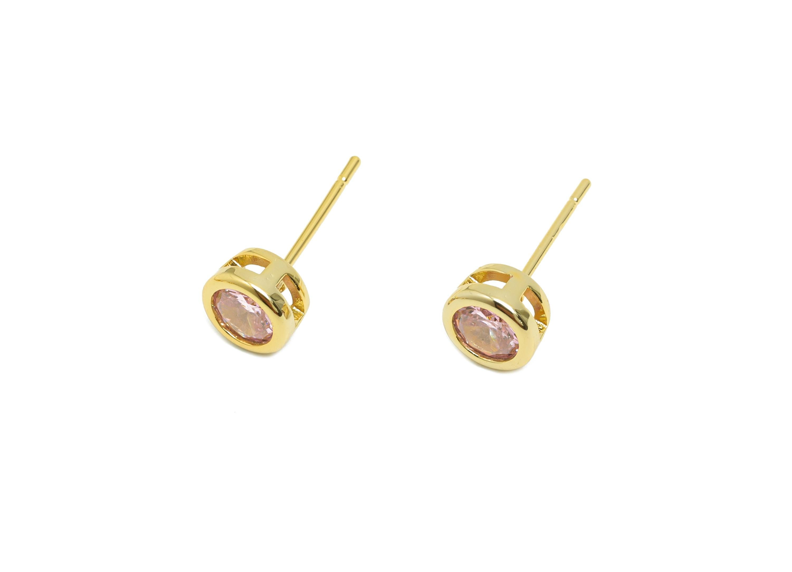 Brass CZ Earring Post - Brass Pink (CZ-01) Earring Stud - Zircon Earring Post - Gold Jewelry - 18K Real Gold Plated - 15x6x4mm - RGP8396H - DOMEDBAZAAR