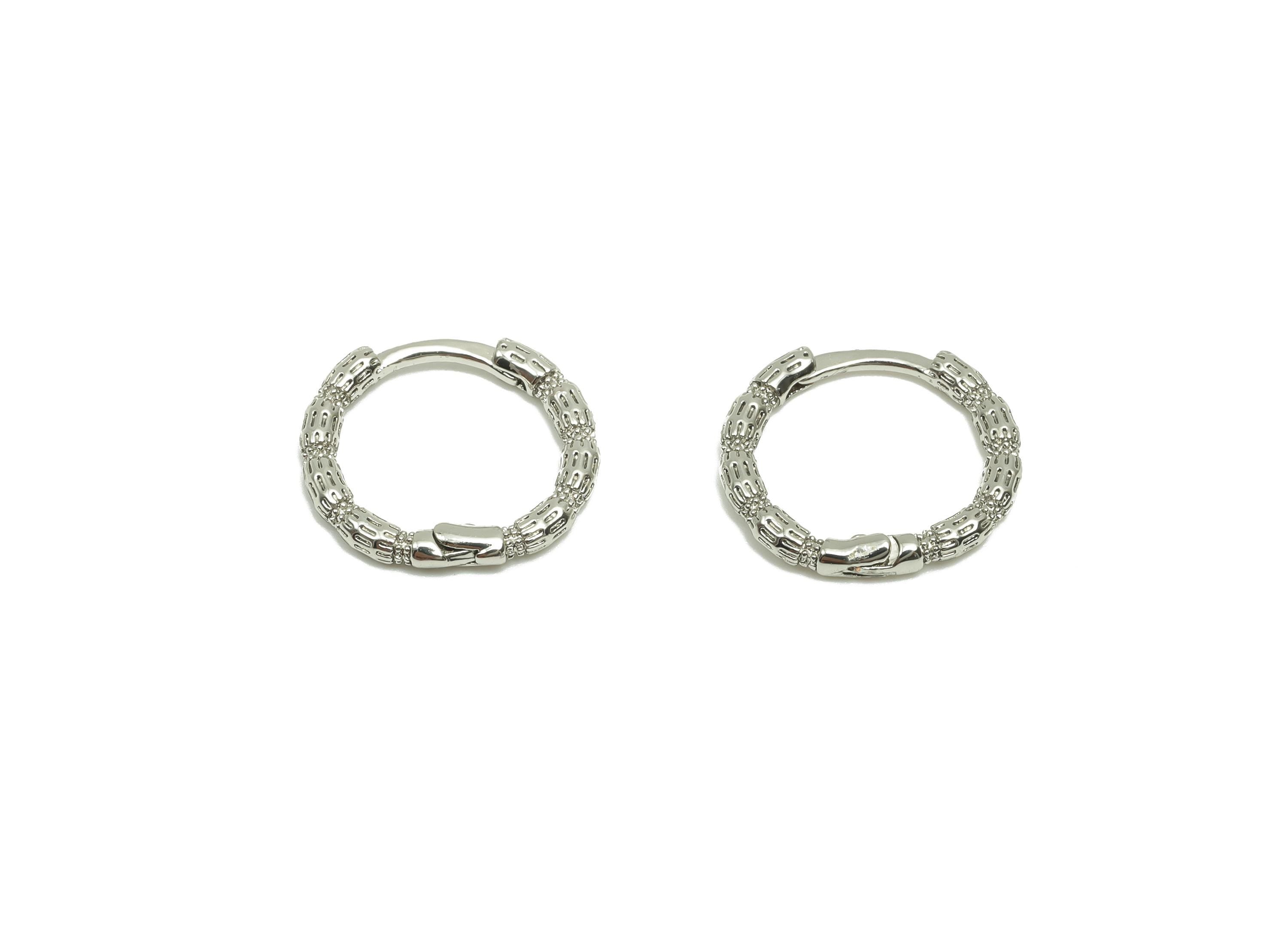 Textured Round Earring - For Girl&#39;s Huggie Earring - Brass Daily Wear Hoop Earring - 18K Real White Gold Plated -12.65x13.66x1.72mm- RGP8260 - DOMEDBAZAAR