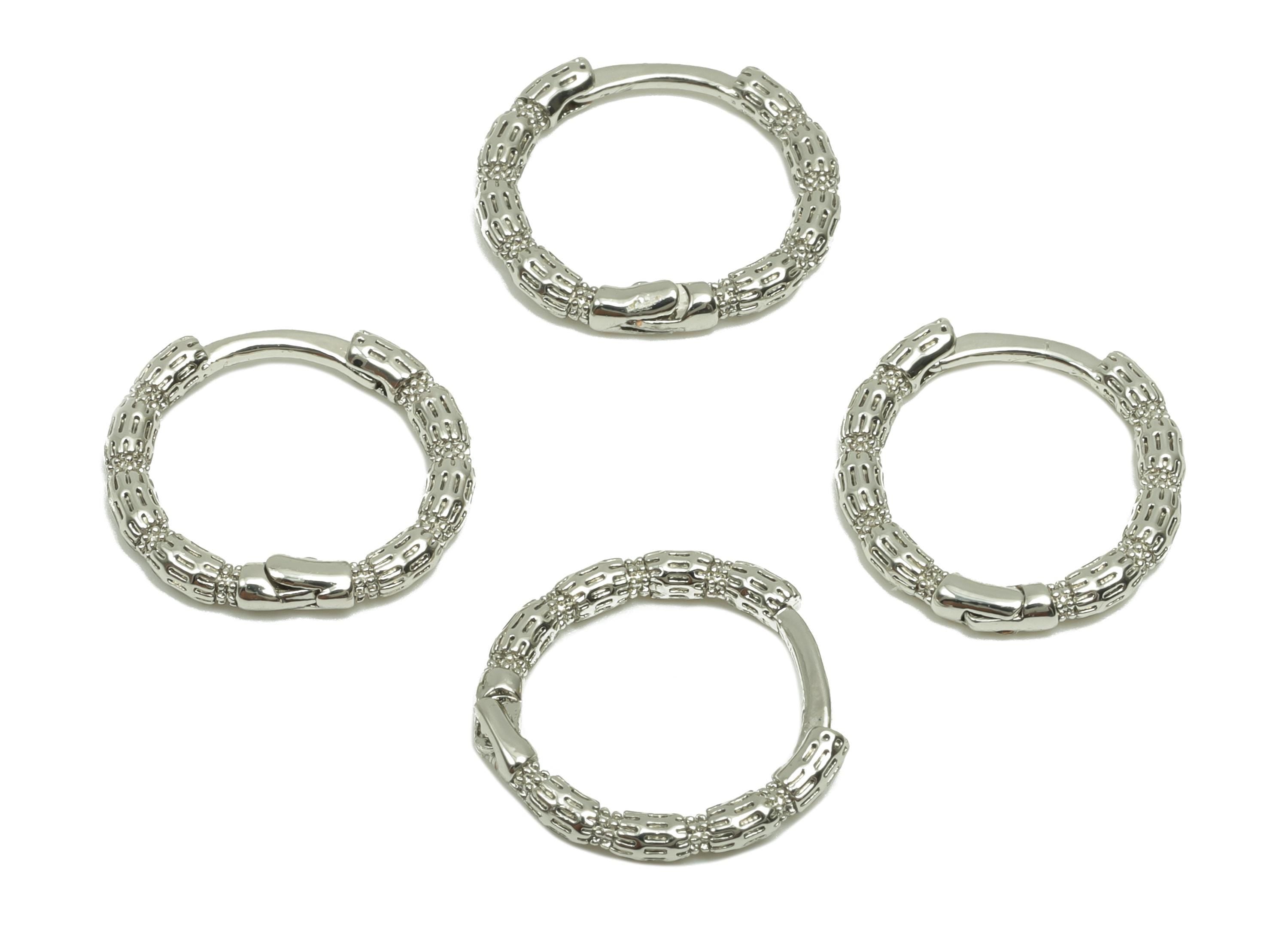 Textured Round Earring - For Girl&#39;s Huggie Earring - Brass Daily Wear Hoop Earring - 18K Real White Gold Plated -12.65x13.66x1.72mm- RGP8260 - DOMEDBAZAAR