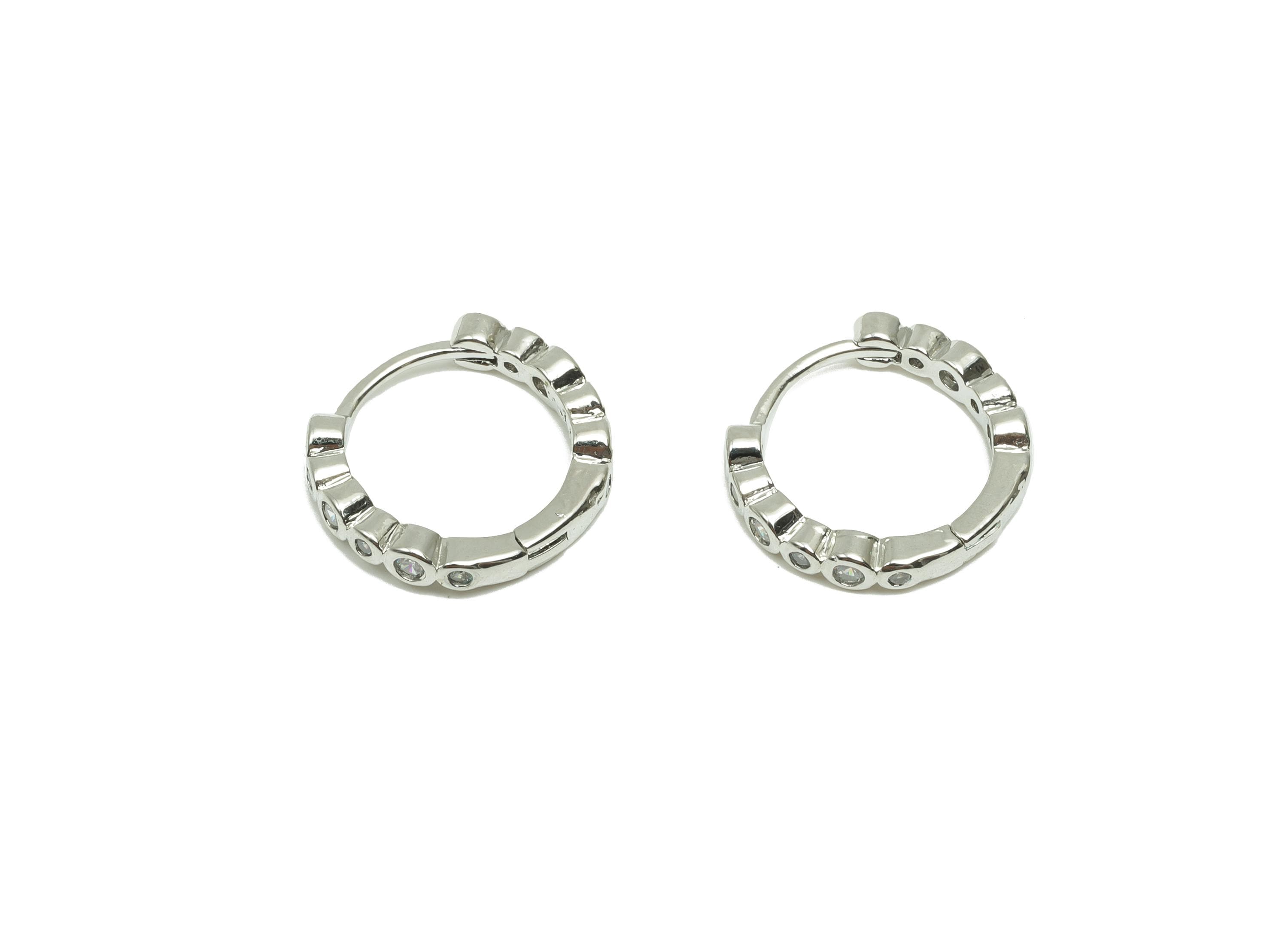 Zircon Round Huggie Earring - For Lady&#39;s Earring - Brass for Party Hoop Earring - 18K Real White Gold Plated - 14.10x12.27x2.63mm - RGP8261 - DOMEDBAZAAR