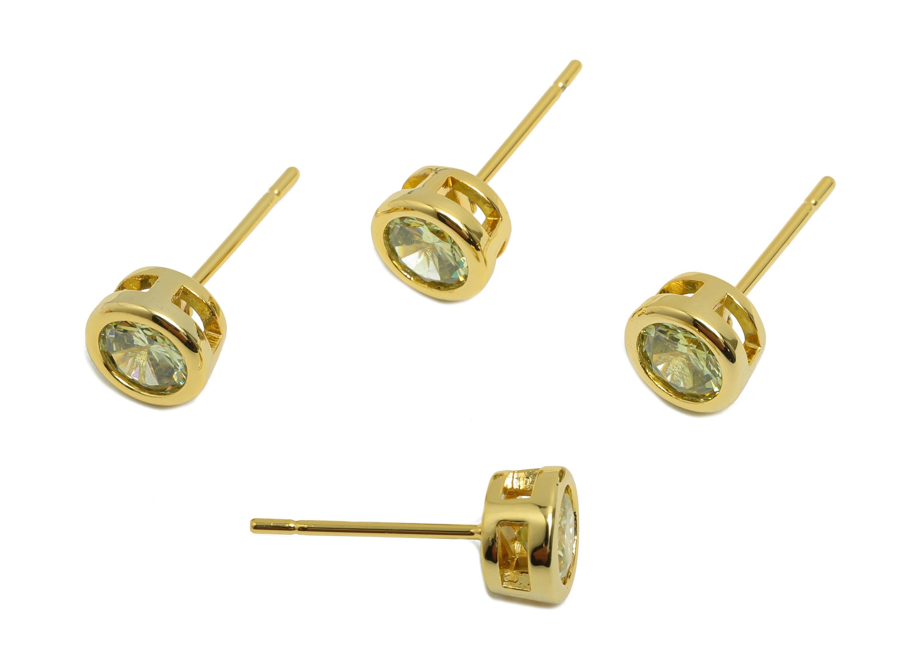 Brass CZ Earring Post - Brass D-Peridot Earring Stud - Zircon Earring Post - Gold Jewelry - 18K Real Gold Plated - 15x6x4mm - RGP8396A - DOMEDBAZAAR