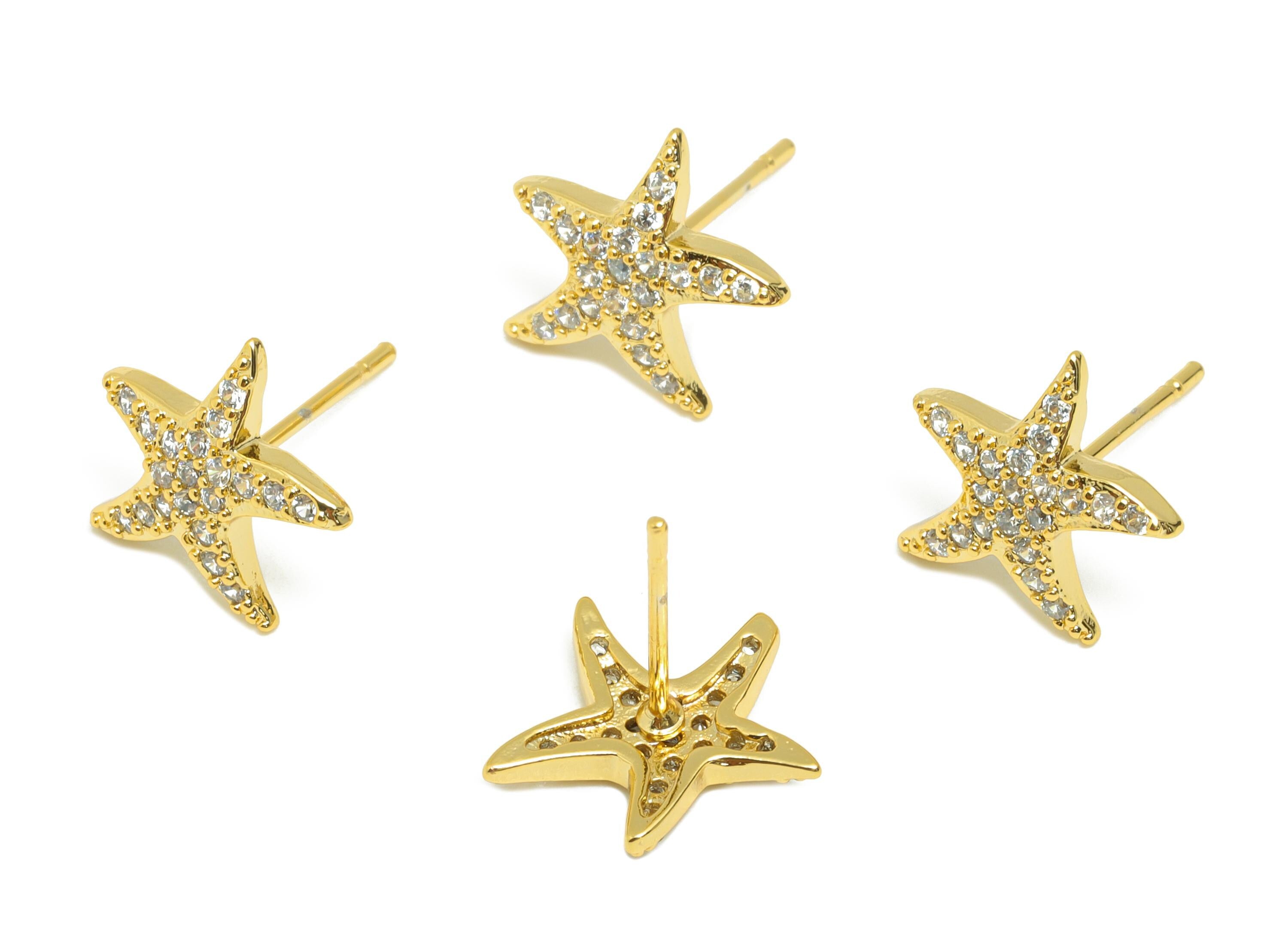 Gold Zircon Starfish Earring - Elegant Stud Ear - Brass Ideal Accessory for Beach Lovers - 18K Real Gold Plating - 13.3x10.3x2.15mm- RGP8869 - DOMEDBAZAAR