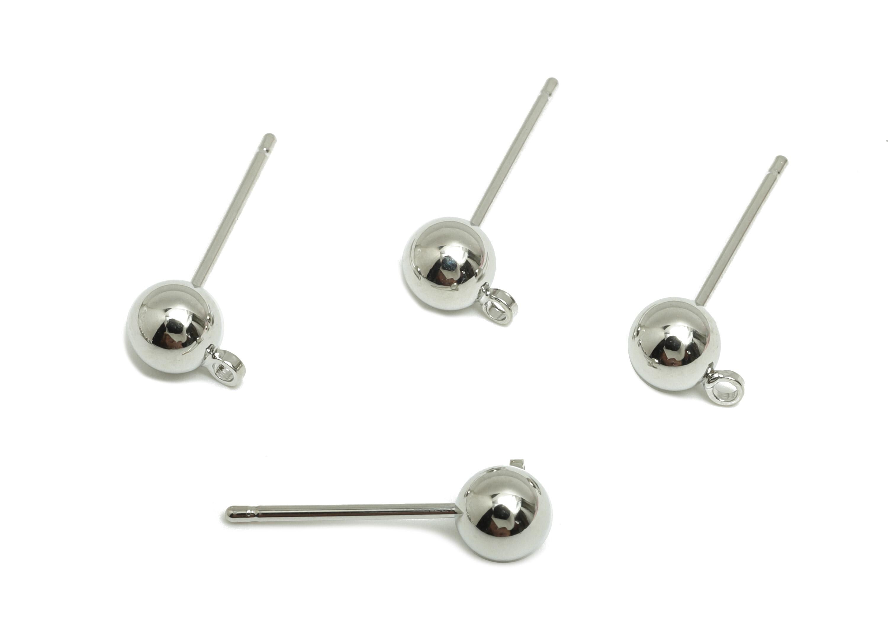 Brass Earring Stud - Brass Craft Component Stud - Brass Ball Earring With Loop - 18K Real White Gold Plating - 6.83x4.95x4.95mm - RGP10217-5 - DOMEDBAZAAR
