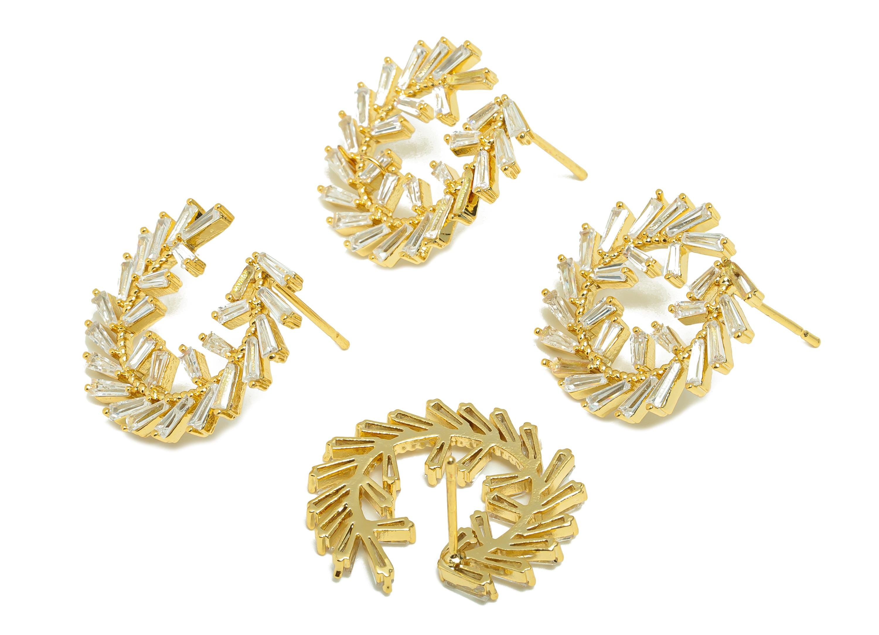 Gold Open Circular Hoop Earring - Cut Crystal Wheat Earring Post - Brass CZ Everyday Wear Ear - 18K Real Gold Plated-22.32x19x2.4mm -RGP8871 - DOMEDBAZAAR